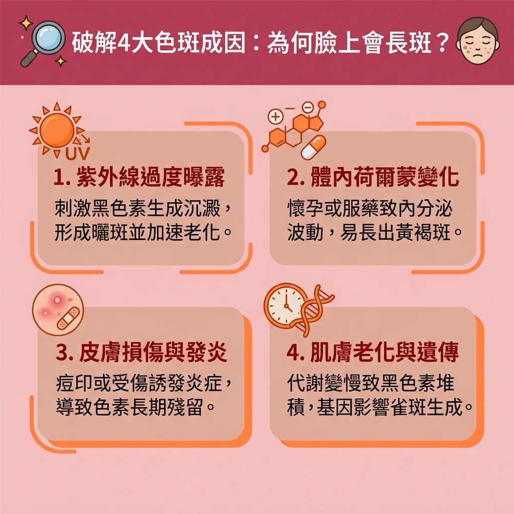 這是一張關於面部【色斑】成因的教育性台灣健康部落格風格資訊圖表。當皮膚暴露於強烈【紫外線】下，【表皮層】與【真皮層】內的【黑色素細胞】會被激活，導致【黑色素】過量生成。若【新陳代謝】緩慢，便會形成【太陽斑】、【老人斑】、【黃褐斑】（即【荷爾蒙斑】）以及與遺傳相關的【雀斑】。

為了【預防色素沉澱】與【阻截黑色素形成】，我們必須採取正確的【物理防曬方法】並塗抹【防曬霜】。日常保養可選用含有【維他命C】、【煙酰胺】或【熊果素】的【護膚品】與【美白精華】。這些成分能【抑制酪氨酸酶】的活性，【抵抗自由基】，幫助【促進新陳代謝】並【去除老廢角質】。這不僅能【修復受損肌膚】、【去除暗瘡印】，更能有效【改善暗沉肌膚】、【改善膚色不均】，最終達到【提亮膚色】與【均勻膚色】的目的。

如果想要徹底【解決色素沉澱】並快速【淡化色斑】，許多專業機構會提供【去斑療程推薦】，例如進行【皮秒激光】等高效的【美白去斑療程】。這類療程能精準【擊碎深層黑色素】，並透過熱能【刺激膠原增生】（喚醒肌底的【膠原蛋白】）。只要選擇合適的療程，便能獲得極佳的【激光去斑效果】，讓你重拾白皙無瑕的健康肌膚。