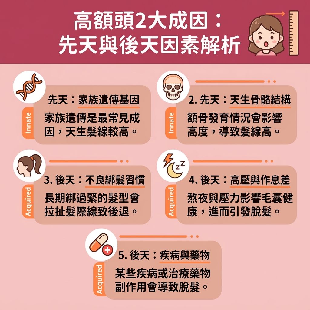 這是一張台灣健康部落格風格的 1:1 正方形資訊圖表，詳細解析了導致額頭過高與髮線後移原因。許多人因為基因遺傳或後天習慣，面臨女性髮線後移與脫髮困擾，甚至形成M字額，並對額頭高面相感到憂心。為了拯救寬額頭及達致髮際線下移，圖表建議了多種高額頭改善方法。

在視覺修飾上，可運用髮際線修飾技巧，參考網上的髮際線粉推薦，使用髮際線粉或陰影粉來遮蓋M字額與隱藏髮際線後移，這能有效增加髮量視覺效果。此外，挑選合適的高額頭髮型推薦也至關重要，透過修飾高額頭瀏海（例如學習胎毛瀏海剪法剪出胎毛瀏海或合適的瀏海及髮型），能完美改善臉型比例，讓五官與臉型更精緻。

若要從根本挽救髮際線及解決頭髮稀疏，必須關注頭皮、髮根與毛囊的健康。面對雄性禿或嚴重落髮，應及早諮詢皮膚科醫生，日常可使用生髮水來刺激毛囊生長。針對受損區域，進行專業的毛囊萎縮治療或尋找優質的植髮療程推薦進行植髮，是增加真實髮量、保護髮線的最佳途徑。