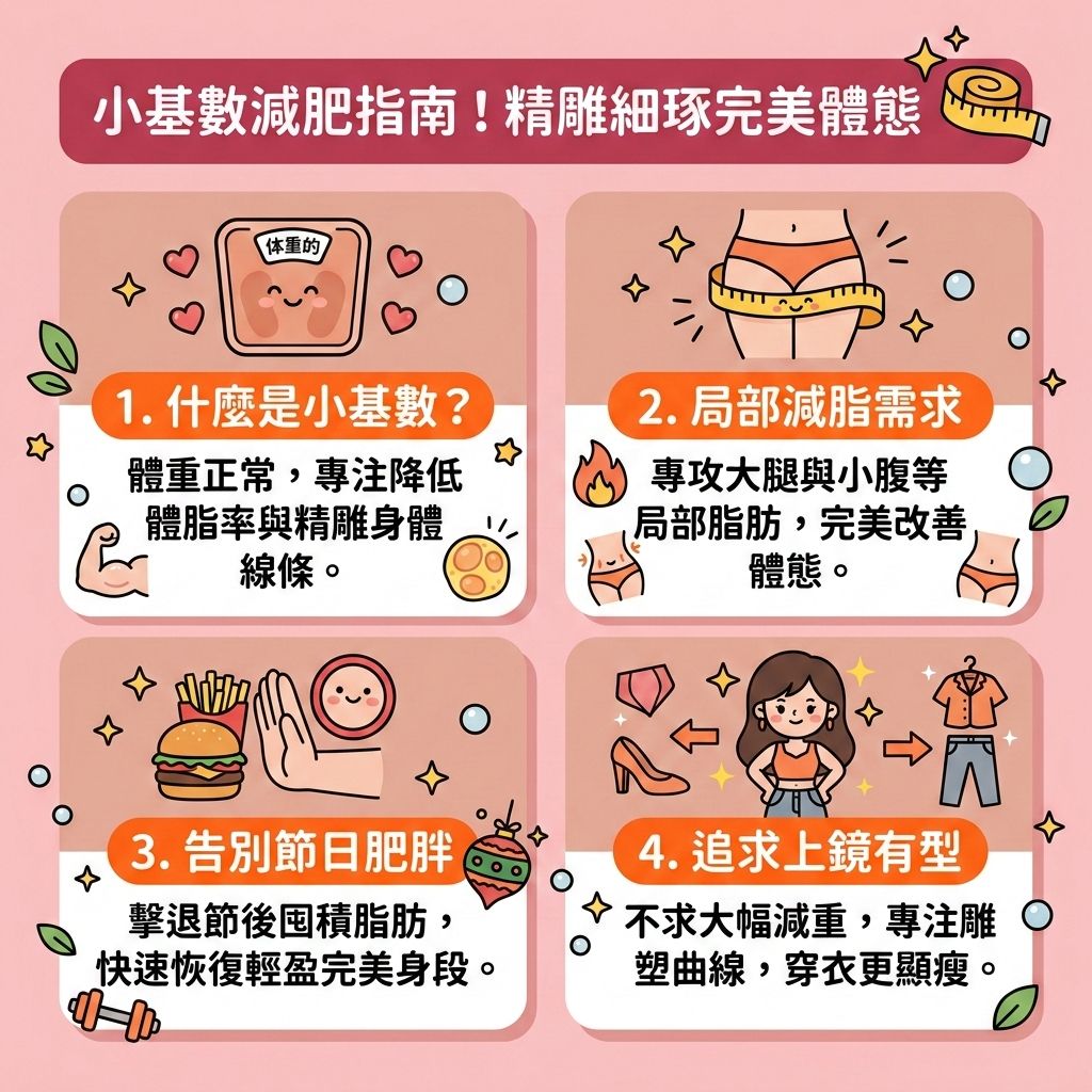 這是一張台灣健康部落格風格的 1:1 正方形教育性醫美資訊圖表，主題探討什麼是小基數減肥。許多人體重正常，但受基因與荷爾蒙影響，仍有水腫或局部肉肉問題。要打造易瘦體質與消除水腫型肥胖，我們需要健康減脂餐單與減脂增肌飲食，嚴格控制碳水化合物，攝取足夠蛋白質以增加肌肉量及維持肌肉量。同時，精算卡路里並控制熱量攝取，能有效預防脂肪積聚。

在運動方面，結合帶氧運動與無氧運動，能幫助提升基礎代謝與基礎代謝率，進而改善新陳代謝，達到降低體脂比例與體脂率的目標。這有助於縮小脂肪細胞，燃燒深層脂肪與消除頑固脂肪。針對討厭的皮下脂肪、內臟脂肪以及大肚腩，這套方法能幫助您解決局部肥胖並改善體態比例。

若您遇到停滯期，渴望突破減肥停滯期，或想進一步塑造緊緻線條，可以尋求醫學美容的協助。香港完美醫療提供專業的專屬瘦身方案與局部減脂療程。透過先進的無創減脂技術與溶脂儀器，進行精準的醫美定位修形，讓您輕鬆擁有理想曲線！