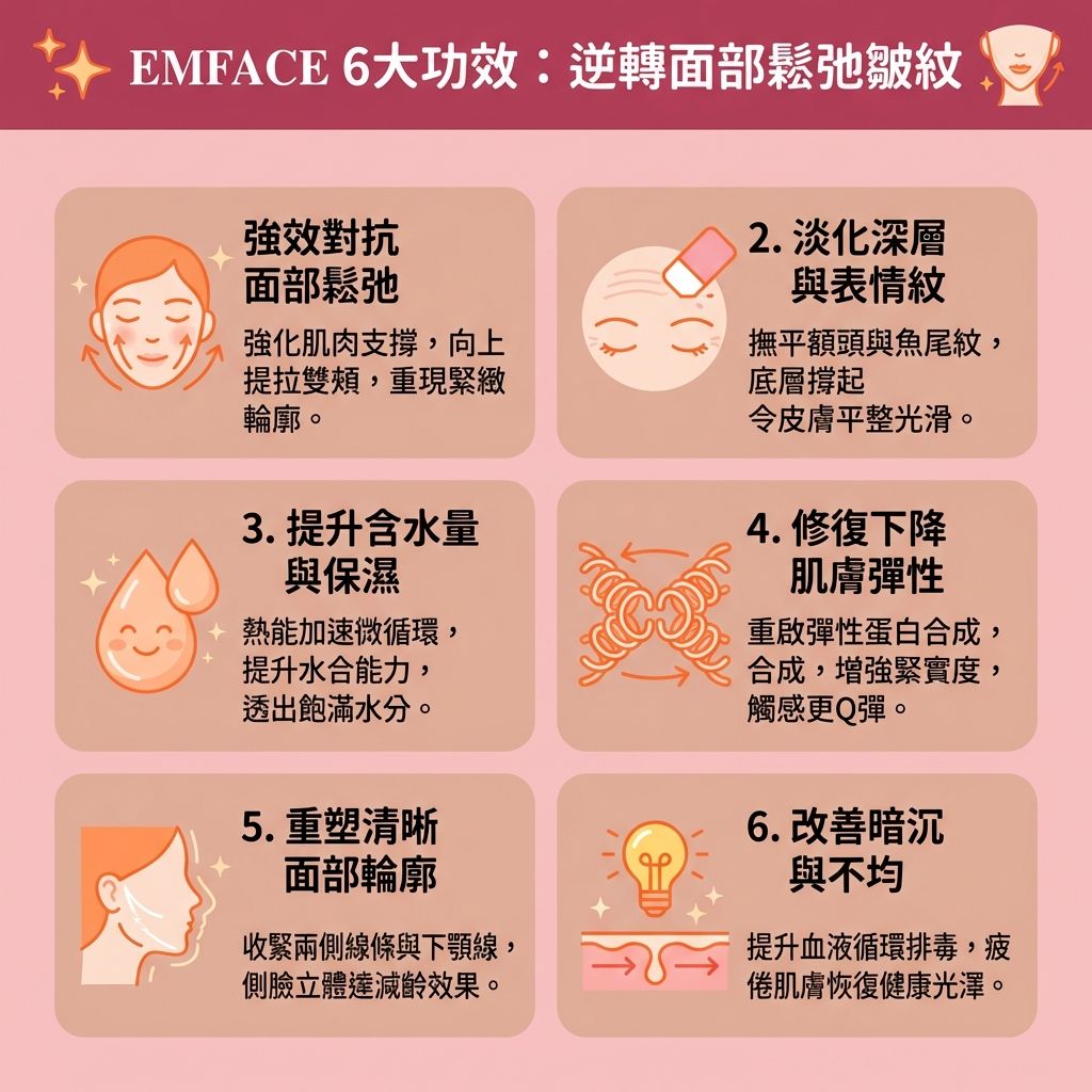 這是一張呈現台灣健康部落格風格的 1:1 正方形扁平化資訊圖表，介紹由專業診所****醫生推薦的瘦面療程推薦：EMFACE。這項非入侵性療程採用先進的高頻射頻技術（結合射頻與電磁波），透過專利探頭與儀器進行面部電刺激，實現深層的面部肌肉鍛鍊。

這項無創拉提技術能直達皮膚的真皮層與筋膜層，有效提拉筋膜層並刺激膠原增生（補充流失的膠原蛋白與彈力蛋白）。它能完美改善面部鬆弛，恢復皮膚彈性，達致極佳的拉提緊緻效果與醫美抗衰老功效。

這項療程針對面部肌肉與脂肪結構，能有效改善咀嚼肌肥大，並幫助消除雙下巴。透過提升蘋果肌（讓蘋果肌重現飽滿）與緊緻下頜線條（收緊下頜線），能成功提升面部輪廓（優化整體面部****輪廓）。此外，它更能減淡法令紋，撫平動態皺紋與靜態皺紋，絕對是延緩肌膚老化的最佳選擇。