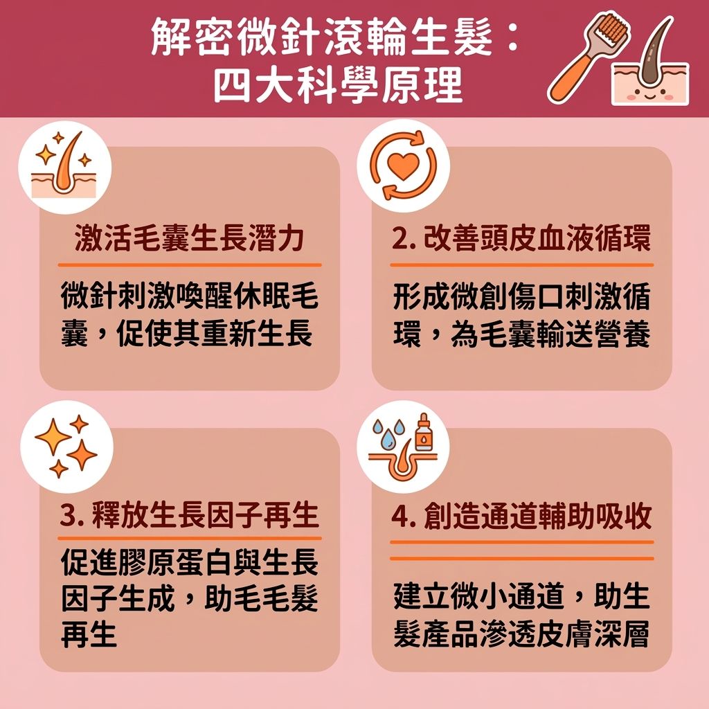 這是一張台灣健康部落格風格的 1:1 正方形扁平化資訊圖表，詳細解說微針滾輪用法及其在頭皮微針護理上的應用。圖表展示了微針與滾輪如何透過微創技術穿透角質層直達真皮層，不僅能刺激膠原蛋白增生（產生膠原蛋白）與加速新陳代謝，還能促進頭皮血液循環（改善血液循環），從而刺激毛囊生長與喚醒休止期毛囊。這對於治療雄性禿脫髮、對抗雄性禿與一般脫髮，甚至解決髮線後移及改善頭髮稀疏都有顯著的微針生髮效果。

圖中強調了增加生髮液吸收的重要性，指出配合生髮水、幹細胞、生長因子或配合外泌體生髮（使用外泌體）能大幅提升吸收率，進一步修復受損頭皮、延長毛髮生長期並強健毛囊與頭皮。為了確保安全並減少炎症與微針生髮痛楚，圖表提醒大眾在參考家用微針滾輪推薦及了解微針滾輪長度選擇時，必須注重微針滾輪清潔消毒（做好消毒工作）以避免微針生髮副作用。若有疑慮，建議尋求皮膚科醫生的專業意見，並進行微針生髮療程比較，以選出最適合自己的生髮方案。