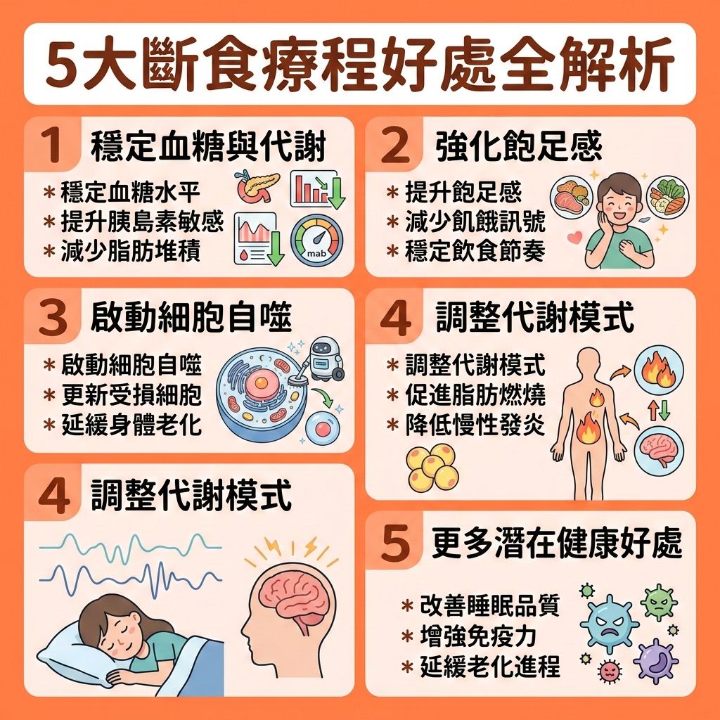 這是一張採用台灣健康部落格風格的 1:1 正方形資訊圖表，背景為柔和的淺粉紅色，排版整齊可愛。主題深入解析5大斷食療程的好處。不論是執行輕斷食還是間歇性斷食，都能有效幫助我們控制熱量攝取，減少多餘熱量與碳水化合物的囤積。透過調節飲食結構，多補充蛋白質與膳食纖維（或適時搭配含兒茶素與大豆異黃酮的健康飲品），能有效促進腸胃蠕動，幫助排毒清腸宿便。

圖表中詳細說明，斷食能穩定血糖並調節體內胰島素與瘦素分泌，同時刺激生長激素，進而有效提升基礎代謝與整體的基礎代謝率，加速新陳代謝。這不僅能延長燃脂時間，更能縮小脂肪細胞，減少皮下脂肪與內臟脂肪。這是一個極佳的減大肚腩方法，能有效消除腹部贅肉、改善中央肥胖，並幫助燃燒深層脂肪，是許多人突破減肥停滯期、降低體脂比例與體脂率的關鍵，助你輕鬆打造易瘦體質並預防脂肪積聚。同時，斷食也能改善睡眠質素，若配合專屬的減脂增肌飲食，更能塑造緊緻線條。

此外，若追求更精準的體態雕塑，醫學美容也是理想的輔助選擇。透過專業的局部減脂療程與無創減脂技術，結合精準的醫美定位修形，能更安全高效地達到理想的健康體態！