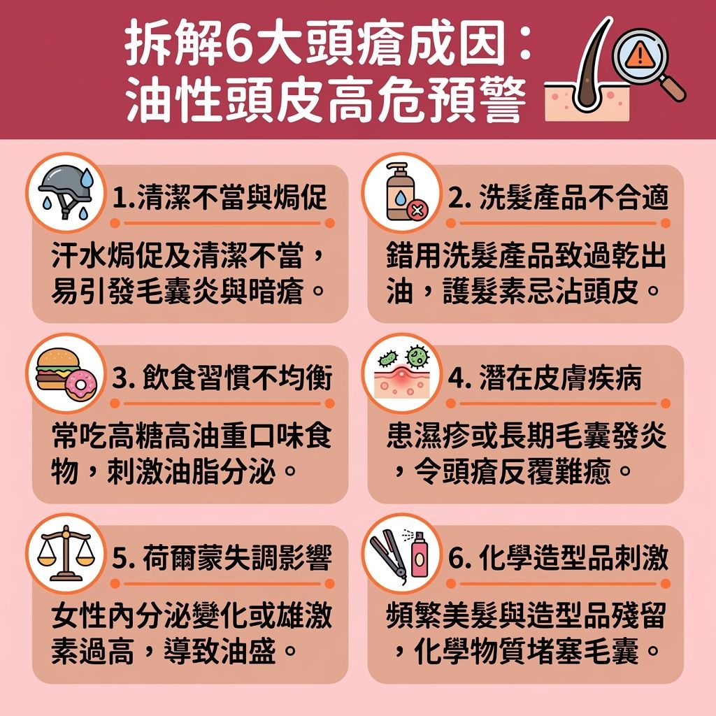 這是一張台灣健康部落格風格的 1:1 正方形資訊圖表，詳細解析了六大頭瘡成因。許多人面臨頭皮生粒粒解決方法的困擾，甚至覺得頭皮長暗瘡痛。圖表指出，頭皮的皮脂腺若分泌過多油脂（或皮脂），加上細菌、真菌及馬拉色菌滋生，極易引發毛囊炎與暗瘡。荷爾蒙變化（如雄激素過高導致的荷爾蒙失調頭皮生瘡）與壓力（引起壓力大頭皮生瘡）會削弱免疫系統。為改善頭皮出油與控制皮脂分泌，我們需注重正確洗頭步驟，慎選洗頭水與護髮素，避免破壞角質層。圖表建議定期進行深層清潔頭皮的頭皮清潔療程，或使用去角質洗髮露及毛囊炎洗頭水推介產品。為預防頭皮發炎及消除頭皮紅腫，應做好頭皮敏感護理，達到頭皮抗菌消炎及舒緩頭皮痕癢。若問題嚴重導致頭皮發炎脫髮或一般脫髮，在尋求中醫調理頭瘡、使用頭瘡膏推薦來治療頭皮暗瘡之外，務必盡早諮詢皮膚科醫生，保護脆弱的毛囊。