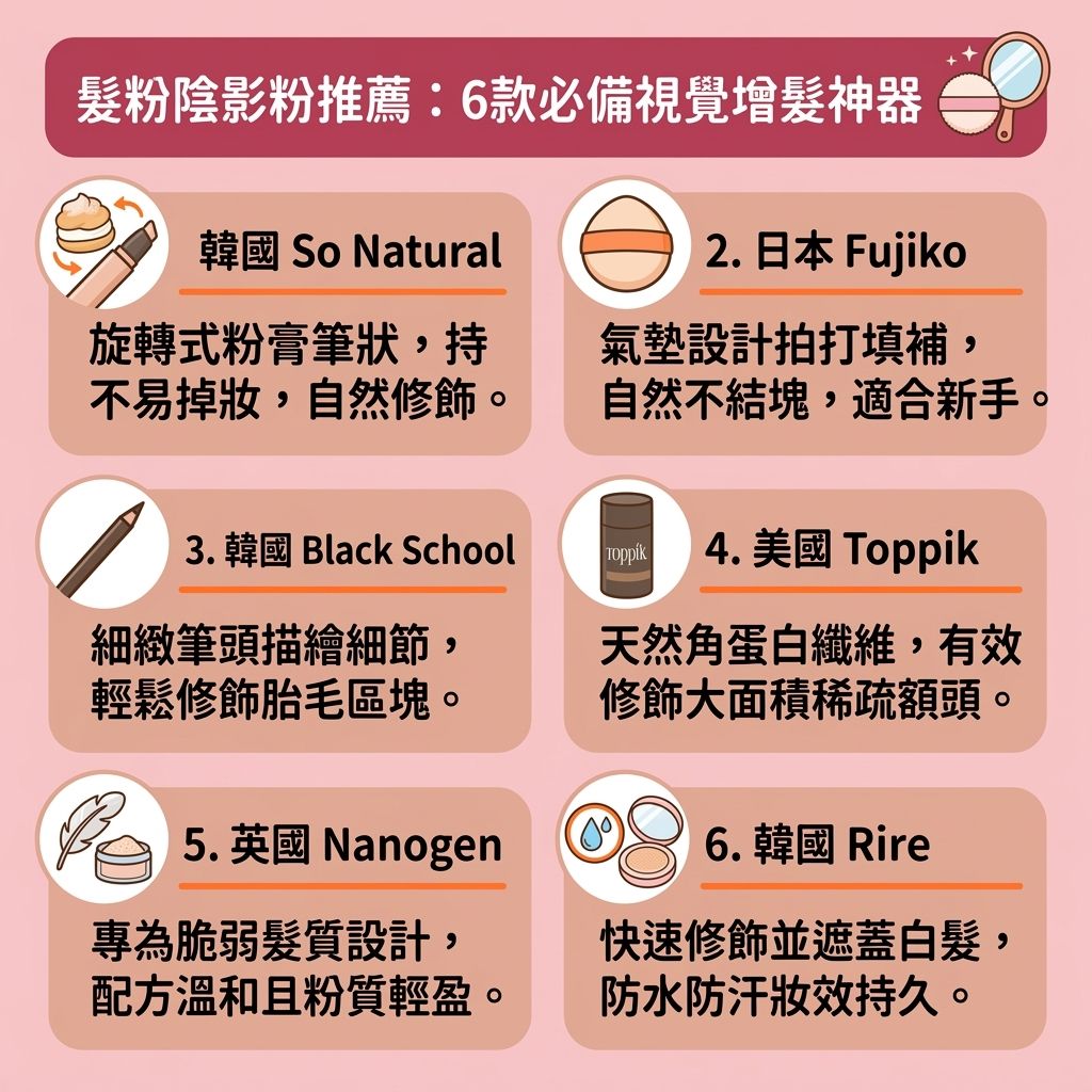 這是一張台灣健康部落格風格的 1:1 正方形資訊圖表，介紹了六款不容錯過的髮際線粉推薦。圖表詳細說明了各種陰影粉與化妝品的特色。許多人面臨脫髮、髮線後退或M字額的困擾，渴望找到拯救稀疏髮際線的方法。
透過正確的髮際線粉用法，利用粉撲將粉末塗抹於額頭邊緣，能有效修飾高額頭、改善寬額頭並隱藏髮線後移。這不僅能打造自然的髮際線陰影、修飾臉型輪廓，更可填補髮際線空隙與遮蓋頭皮，瞬間增加髮量視覺，是不錯的禿頭修飾妙招。選購時建議尋找自然髮色選擇以貼合原有髮色，並挑選防水防汗髮際線粉以抵抗汗水與油脂。
然而，頻繁使用這些產品必須徹底卸妝，留意正確的髮際線粉卸妝與頭皮深層清潔步驟，避免粉末殘留引發髮際線粉副作用，導致毛孔堵塞或堵塞毛囊，進而影響頭皮與髮根健康，甚至造成髮量進一步流失。若懷疑有毛囊受損問題，應諮詢皮膚科醫生。除了外用遮瑕，日常可搭配生髮水保養，或尋求專業的毛囊萎縮治療、生髮療程推薦，甚至考慮植髮手術，才能治標又治本。