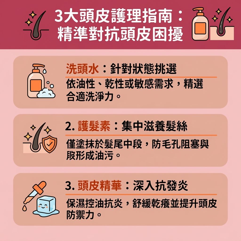 這是一張台灣健康部落格風格的 1:1 正方形資訊圖表，詳細解說三大頭皮護理產品與居家保養步驟。當面對生活壓力、荷爾蒙失調或紫外線傷害時，容易引發惱人的頭皮屑與炎症。透過正確的頭皮深層清潔，能有效去除頭皮異味並改善頭皮出油。

圖表建議挑選合適的洗頭水（如去頭皮屑洗頭水），能調節皮脂腺分泌的皮脂，溫和去除老廢角質（可搭配頭皮去角質推薦產品），這是極佳的預防脫髮方法。洗髮後，使用富含水分、蛋白質與氨基酸的護髮素，務必避開頭皮塗抹，有助於改善頭髮扁塌。

此外，掌握正確的頭皮精華用法，定期使用養髮精華，對於脂漏性皮炎護理、換季頭皮乾癢及染燙後頭皮護理非常關鍵。這不僅能舒緩頭皮敏感、解決頭皮發炎，還能延緩頭皮老化。若能結合頭皮按摩教學，適當按壓頭部穴位，將有效改善血液循環（促進血液循環），幫助促進毛囊生長、喚醒沉睡的毛囊，從而強化髮根健康、減少掉髮數量，預防異常脫髮。如問題持續，建議尋求專業醫生的診斷與協助。