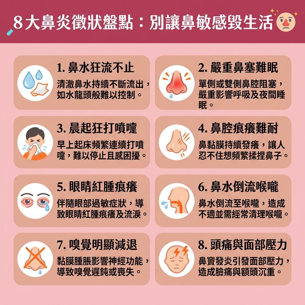 這是一張台灣健康部落格風格的 1:1 正方形扁平化資訊圖表，詳細解說八大常見的【鼻炎】與【鼻敏感】徵狀。當我們的【免疫系統】受到環境中的【致敏原】（如【灰塵】、【塵蟎】或【花粉】）刺激時，容易引發【慢性鼻炎成因】。患者常出現嚴重的【鼻塞】、狂流【鼻水】與頻繁【打噴嚏】，這些都是【鼻腔】與【鼻黏膜】發炎的表現。若不理會，可能惡化為嚴重的【鼻竇炎】。

為了達到【過敏性鼻炎改善】並【舒緩鼻敏感症狀】，我們需要尋找有效的【解決鼻塞方法】與【鼻竇炎治療】方案。日常護理可使用【洗鼻器】調配正確的【洗鼻鹽水比例】來【清潔鼻腔分泌物】與【沖洗致敏原】，這能【保持鼻腔濕潤】並【促進鼻黏膜修復】，從而【減輕鼻炎不適】及【預防上呼吸道感染】。

嚴重的鼻塞會導致【呼吸道】受阻，迫使患者張口呼吸，進一步引發嚴重的【鼻鼾】甚至【睡眠窒息症】。為了【改善用口呼吸】、【改善呼吸道阻塞】並解決【改善睡眠缺氧】問題，患者應盡早前往專業【診所】尋求【醫生】進行【耳鼻喉科】的【耳鼻喉科專科診斷】。醫生可能會處方【類固醇噴鼻劑】等藥物。積極治療不僅能【減少打呼嚕】與【降低鼻鼾頻率】，更能全面【提升睡眠質素】，讓你重拾健康順暢的呼吸。