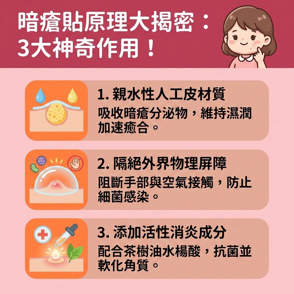 這是一張台灣健康部落格風格的醫美圖表，解說暗瘡貼的神奇功效。圖中女孩正為臉上的暗瘡、粉刺、發炎的膿包與深層的石頭瘡苦惱。暗瘡貼採用溫和無刺激性的人工皮與水膠體材質，能有效吸收暗瘡分泌物與吸附多餘油脂（吸附分泌物）。

貼上後能形成保護膜，不僅能隔離外界細菌、避免手部接觸，還能保護受損肌膚，有效預防二次感染並抑制細菌滋生（隔絕細菌）。它能為傷口提供良好環境以加速傷口癒合，大大減少暗瘡印形成與產生疤痕及暗瘡印的機率。

許多隱形透薄防水的款式非常適合妝前使用，能避免化妝品刺激，同時阻擋紫外線照射（阻絕紫外線）。此外，市面上有許多添加水楊酸、茶樹油與積雪草的產品（如熱門的微針暗瘡貼推薦款），能軟化角質疏通毛孔、促進暗瘡代謝，達到褪紅消炎鎮靜與舒緩紅腫發炎的效果，並幫助淡化色素沉澱。

若痘痘問題嚴重，建議尋求專業皮膚科醫生協助。圖表下方特別推薦香港醫學美容權威完美醫療的皇牌「暗瘡分手療程」，助您徹底告別痘痘肌！