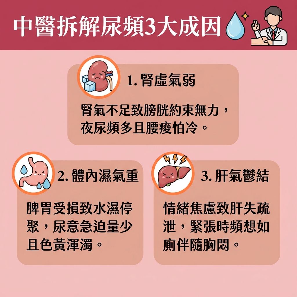 這是一張1:1正方形的台灣健康部落格風格資訊圖表，詳細解說中醫角度的【尿頻】成因與【泌尿系統健康】保養。圖表以可愛醫美風格呈現，說明當身體機能下降，不僅會出現【夜尿頻繁】、【大笑漏尿】或【打噴嚏漏尿】，更可能引發【尿失禁】與【改善滴尿問題】的需求。

除了中醫調理，現代醫學指出【產後婦女】與【更年期】女性因【荷爾蒙】變化，常面臨【產後陰道鬆弛】、【膀胱容量減少】或【膀胱過度活躍症】，同時【子宮】、【膀胱】、【尿道】、【陰道】與【直腸】等【盆腔器官】缺乏支撐。攝取過多【咖啡因】或曾患【尿道炎】也會加劇症狀。

為了【預防子宮下垂】、【治療尿失禁】及尋求【產後漏尿解決】方案，【改善尿頻方法】必須從鍛鍊【核心肌肉】與【盆骨底肌肉】著手。傳統可透過【凱格爾運動】來【收緊盆骨底肌】並【增強膀胱控制】。現今醫美更推薦【無創修復療程】與【非入侵性治療】如【幸福椅】。它利用【電磁波】（【高強度聚焦電磁波】）技術，深入【刺激肌肉收縮】，有效【修復盆底肌】、【強化括約肌】及重塑【括約肌】功能，全面【提升盆腔承托力】。