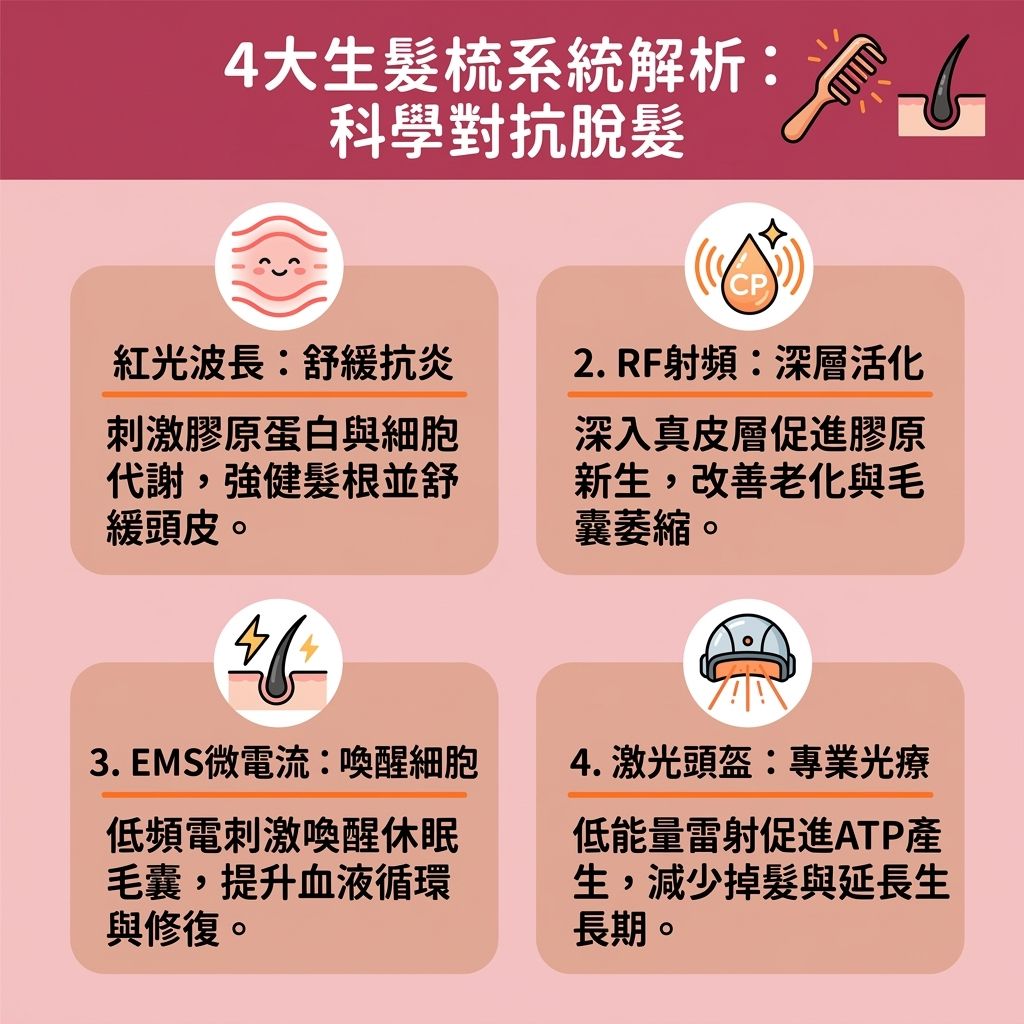 這是一張台灣健康部落格風格的 1:1 正方形資訊圖表，深入解析家用生髮儀器的科學原理。許多人好奇生髮梳有用嗎？其實透過專業認證的生髮梳，能有效幫助治療初期脫髮與改善頭髮稀疏。圖表詳細比較了不同技術的防脫髮產品比較，包括紅光生髮治療中的紅光，能控制油脂並刺激膠原蛋白增生；以及利用微電流技術來喚醒休止期毛囊，這些都有極佳的激光生髮梳效果。

圖表建議在正確的生髮梳使用方法下，搭配生髮精華與營養素（配合生髮水使用），能進一步促進頭皮血液循環（改善血液循環），幫助深層細胞與頭皮的新陳代謝。這不僅能刺激毛囊生長、增強髮絲韌度，更能產生三磷酸腺苷，從而延長毛髮生長期，保護正常的頭髮週期。

對於對抗雄性禿與脫髮，採用低能量激光技術能深入髮根與毛囊，有助於強化髮根健康、解決髮線後移並減少掉髮數量。圖中也列出了優質的生髮梳推薦，結合頭皮按摩生髮，能在避免生髮梳副作用的前提下，達到最佳護理。如有需要，請向皮膚科醫生諮詢。