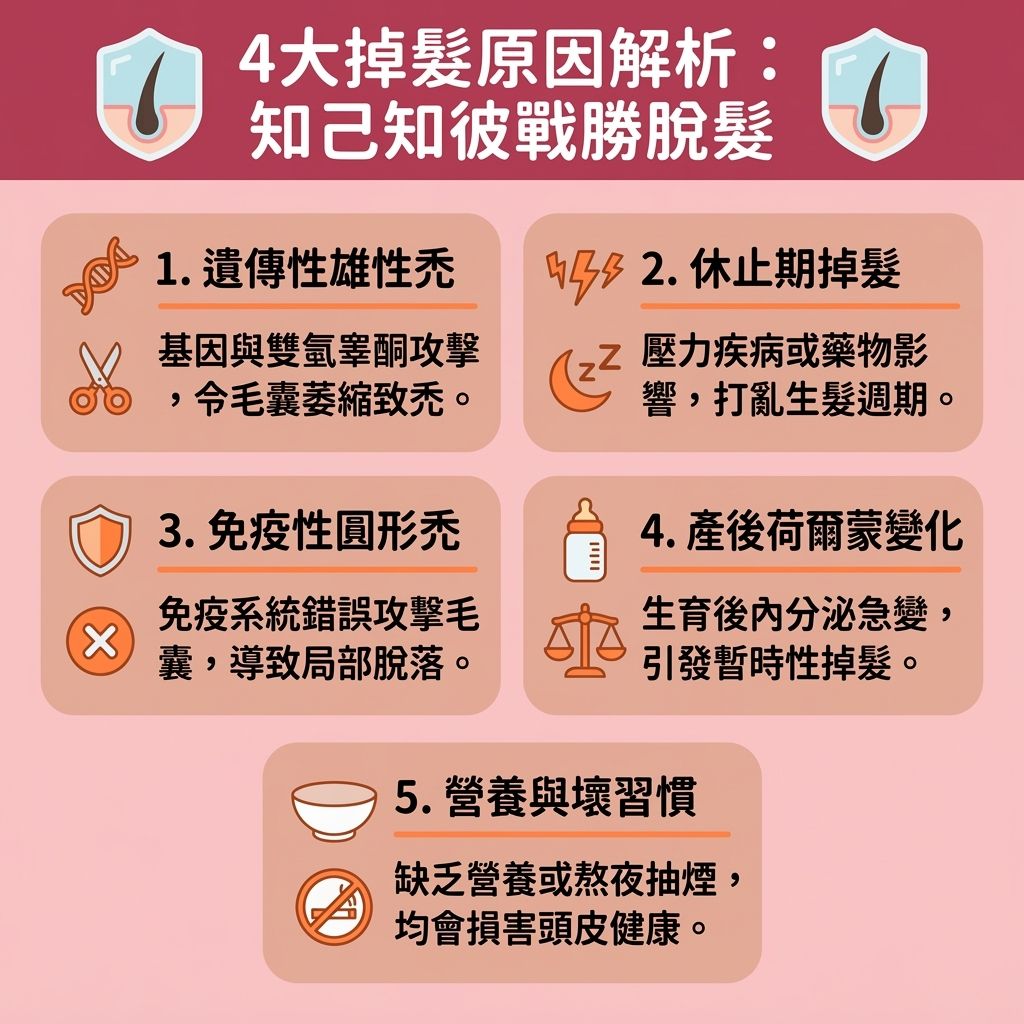 這是一張台灣健康部落格風格的 1:1 正方形資訊圖表，詳細解析了4大脫髮原因及應對方案。圖表指出，遺傳性雄性禿與體內雙氫睾酮過高有關，若要抑制男性荷爾蒙，可諮詢皮膚科醫生，了解柔沛與適尿通等醫生處方生髮藥及口服防脫髮藥，並進行脫髮藥物比較與評估最佳的雄性禿治療藥物，同時需注意影響肝臟的生髮藥副作用與處方藥物的潛在副作用。針對孕婦的產後掉髮及女性的更年期掉髮治療，主要受荷爾蒙與雌激素影響，建議挑選合適的女性脫髮保健品與產後脫髮補健品。面對壓力引起的掉髮，治療休止期脫髮的關鍵在於強化毛囊健康與改善頭皮血液循環（促進血液循環），這是極佳的滋養髮根方法。日常可多攝取防脫髮食物，補充維他命、生物素、鐵質、鋅、蛋白質及膠原蛋白等營養。參考圖表中的生髮維他命推薦，能幫助解決斷髮問題、延緩頭髮老化、改善頭髮稀疏，進而促進頭髮生長並增加頭髮濃密度，全方位保護脆弱的毛囊。