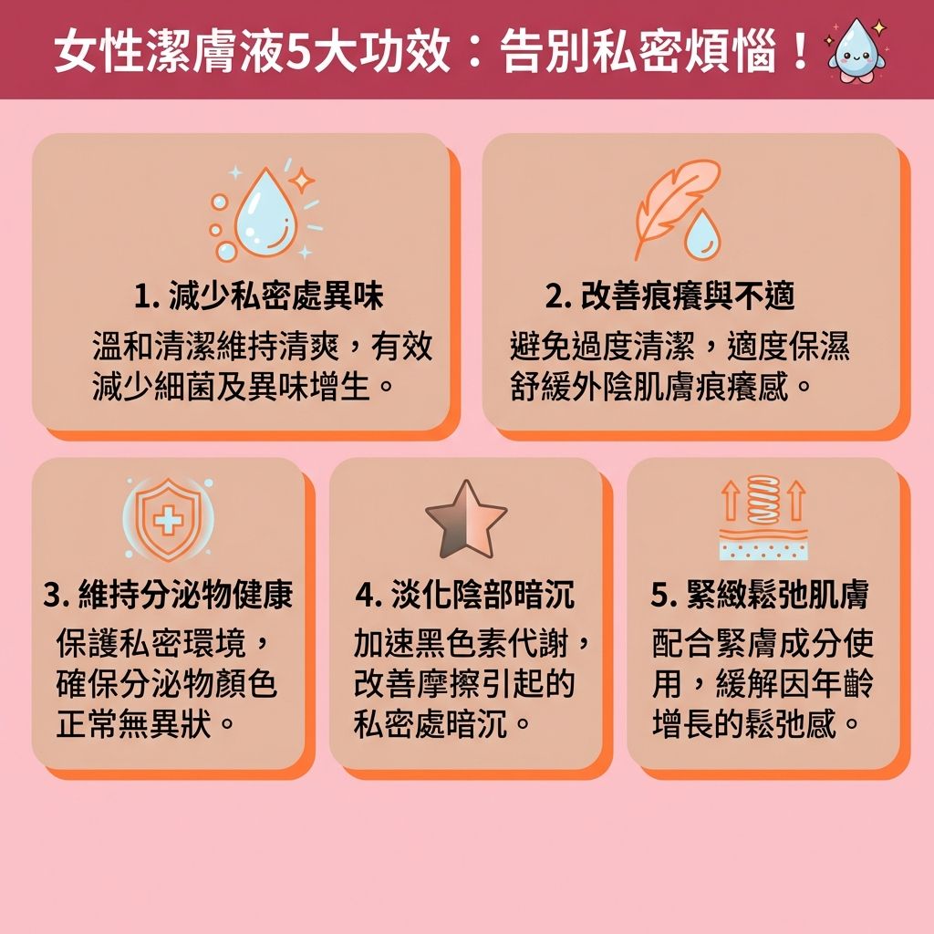 這是一張1:1正方形的台灣健康部落格風格資訊圖表，詳細教授正確的【私密處清潔方法】及【經期護理方法】。圖表說明女性私密處【微生態】極易受【經血】、【荷爾蒙】與【雌激素】變化影響。若習慣使用一般【沐浴露】或頻繁使用【護墊】及不透氣的【內褲】，極容易【破壞天然保護層】，改變正常的【酸鹼度】。

這會導致天然【乳酸桿菌】及【益生菌】減少，令【陰道】、【尿道】與【陰唇】的【黏膜】受損，甚至引發【陰道炎】或【盆腔炎】。當不慎感染【念珠菌】或【滴蟲】時，會出現嚴重的【陰道痕癢痛楚】與【陰部紅腫發炎】，並伴隨異常【白帶】及【分泌物】（例如【豆腐渣分泌物】或【魚腥味分泌物】），這都是典型的【念珠菌感染症狀】。

為【預防陰道感染】，日常應【減少使用護墊】並【穿著透氣內褲】。選擇合適的【女性衛生用品】與專屬【抗菌潔膚液】，能有效【消除私密處異味】、【舒緩外陰痕癢】及【改善陰道乾澀】。正確的護理能【維持私密處酸鹼值】並做好【私密處保濕】。除了日常衛生與【增強身體免疫力】外，現代醫美更提倡【無創私密處保養】的概念，幫助女性全方位守護私密健康。