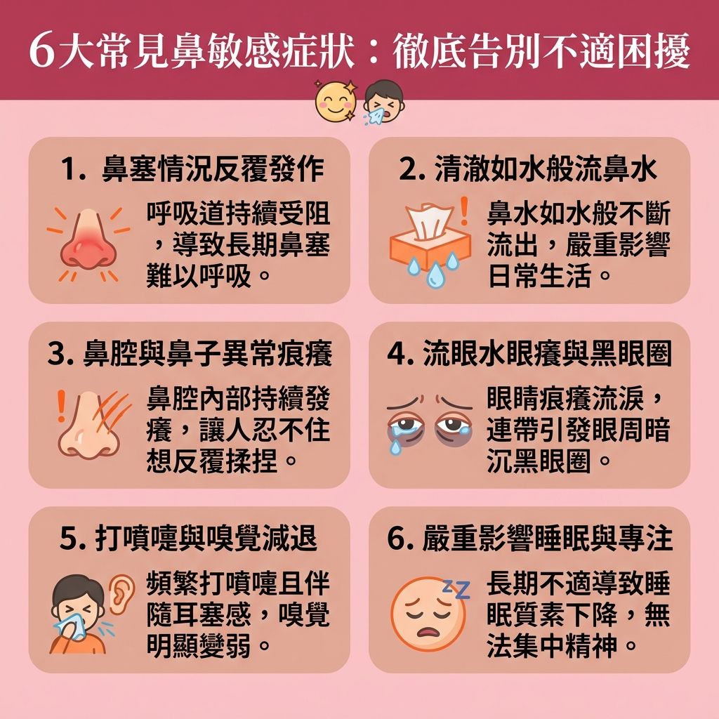 這是一張台灣健康部落格風格的 1:1 正方形扁平化資訊圖表，詳細解說鼻敏感的六大常見症狀，以可愛醫美風格呈現，幫助大眾了解鼻塞、流鼻水及黑眼圈等困擾。

與此同時，許多前往醫美診所的愛美人士也十分關注面部雜毛的護理。探討美人生鬚原因，常與荷爾蒙或雄性激素失調有關，甚至可能是多囊卵巢症引起，導致女生長鬍子，長出明顯的唇毛與面毛。為了解決這些粗硬毛髮，許多人會上網搜尋脫面毛邊間好，並仔細比較各家脫毛公司的脫毛療程比較與激光脫毛價錢（包含學生脫毛優惠）。

傳統使用剃刀（搭配剃鬚膏推薦）或脫毛膏容易留下鬚根，甚至傷及角質層，因此毛髮倒生處理及避免毛囊炎成為敏感肌的難題。現代醫美推薦由專業治療師操作先進的脫毛儀器進行無痛激光脫毛（即激光脫毛），如使用 755nm 或 808nm 波長技術，能精準破壞毛囊內的黑色素。

這不僅能安全去除小鬍子、進行比基尼線或全身脫毛，還能幫助收細毛孔與改善色素沉澱，達到極佳的永久脫毛效果。療程中配備的冷凍劑能有效降低不適，減少激光反應與激光脫毛副作用。只要做好正確的脫毛後護理，就能輕鬆擁有光滑無瑕的肌膚。