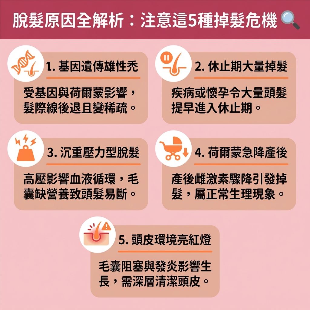 這是一張台灣健康部落格風格的 1:1 正方形資訊圖表，詳細圖解了5大脫髮原因及對應的生髮洗頭水推薦指南。面對基因引發的雄性禿與荷爾蒙變化，我們亟需尋找解決髮線後移與改善頭髮稀疏的對策。此時，選擇合適的雄性禿洗頭水或防脫髮洗髮露非常關鍵。

針對皮脂腺分泌旺盛引發的發炎與頭皮屑，圖表建議使用去頭皮屑洗頭水進行頭皮深層清潔，以控制頭皮出油並舒緩頭皮敏感。優質的生髮洗頭水常含有咖啡因、生物素、鋸棕櫚與藍銅勝肽等營養素。發揮咖啡因洗頭水功效能促進頭皮血液循環（改善血液循環）與深層新陳代謝，從而活化休止期毛囊、刺激毛囊生長並延長毛髮生長期。

為了改善產後脫髮與壓力掉髮，應挑選富含角蛋白與膠原蛋白的無矽防脫洗頭水，以強化髮根健康、保護髮根及增強髮絲韌度，最終達到減少掉髮數量的效果。若頭皮感染真菌，可考慮含酮康唑成分的產品，但須留意生髮洗頭水副作用。如情況嚴重損害頭皮與毛囊，務必尋求皮膚科醫生的專業診斷。