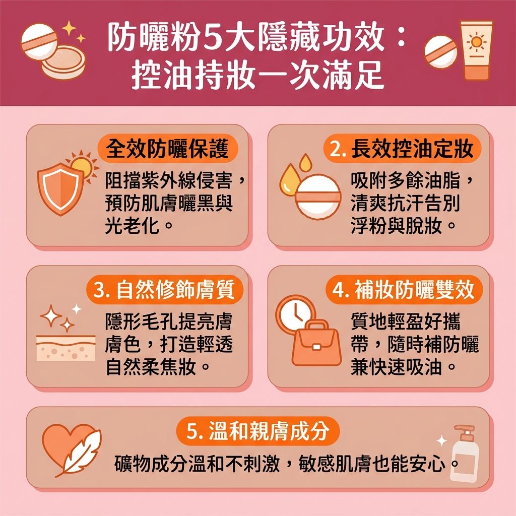 這是一張台灣健康部落格風格的 1:1 資訊圖表，詳細解說優質【化妝品】與【護膚品】中的【防曬粉】（或稱防曬【碎粉】）功效。日常護理中，單靠塗抹【防曬霜】未必足夠，尋找正確的【補防曬方法】與優良的【防曬粉推薦】至關重要。防曬粉多採用【氧化鋅】與【二氧化鈦】等天然【物理防曬成分】（屬於【物理防曬】，性質有別於【化學防曬】），能有效【阻隔紫外線】與【紫外線】的直接侵害，發揮【日常防曬】與【抵禦光老化】的作用，從而【防止肌膚老化】，保護底層【細胞】健康。

它能有效【預防黑色素沉澱】，避免【黑色素】在【角質層】過度積聚，進而【預防色斑形成】，是對抗【色斑】、【太陽斑】與【雀斑】的好幫手。對於【皮脂腺】分泌旺盛的肌膚，防曬粉能【吸附多餘油脂】，達到極佳的【控油定妝】與【減少溶妝】效果，且【不阻塞毛孔】，能視覺隱形【毛孔】並【均勻膚色】。

這種【輕薄透氣】的粉末質地特別適合帶出門作【補妝防曬】，能隨時【提升防曬力】與保持【清爽防曬】感，即使是尋求【敏感肌防曬】的人也能安心使用。最後提醒，回家後務必使用溫和的【卸妝水】進行徹底的【卸妝清潔】。若有嚴重的色素問題，建議前往專業醫美【診所】尋求醫生協助。