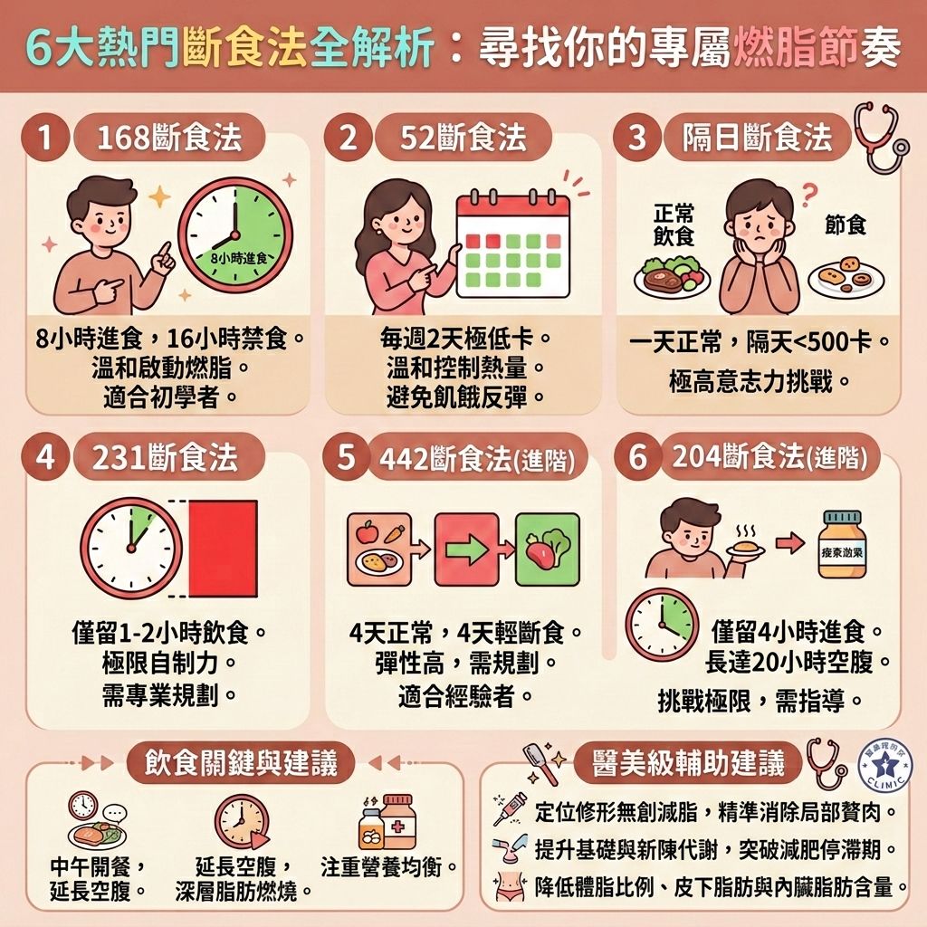 這是一張採用台灣健康部落格風格的 1:1 正方形資訊圖表，背景為柔和的淺粉紅色，排版整齊可愛。主題深入解析5大斷食療程的好處。不論是執行輕斷食還是間歇性斷食，都能有效幫助我們控制熱量攝取，減少多餘熱量與碳水化合物的囤積。透過調節飲食結構，多補充蛋白質與膳食纖維（或適時搭配含兒茶素與大豆異黃酮的健康飲品），能有效促進腸胃蠕動，幫助排毒清腸宿便。

圖表中詳細說明，斷食能穩定血糖並調節體內胰島素與瘦素分泌，同時刺激生長激素，進而有效提升基礎代謝與整體的基礎代謝率，加速新陳代謝。這不僅能延長燃脂時間，更能縮小脂肪細胞，減少皮下脂肪與內臟脂肪。這是一個極佳的減大肚腩方法，能有效消除腹部贅肉、改善中央肥胖，並幫助燃燒深層脂肪，是許多人突破減肥停滯期、降低體脂比例與體脂率的關鍵，助你輕鬆打造易瘦體質並預防脂肪積聚。同時，斷食也能改善睡眠質素，若配合專屬的減脂增肌飲食，更能塑造緊緻線條。

此外，若追求更精準的體態雕塑，醫學美容也是理想的輔助選擇。透過專業的局部減脂療程與無創減脂技術，結合精準的醫美定位修形，能更安全高效地達到理想的健康體態！