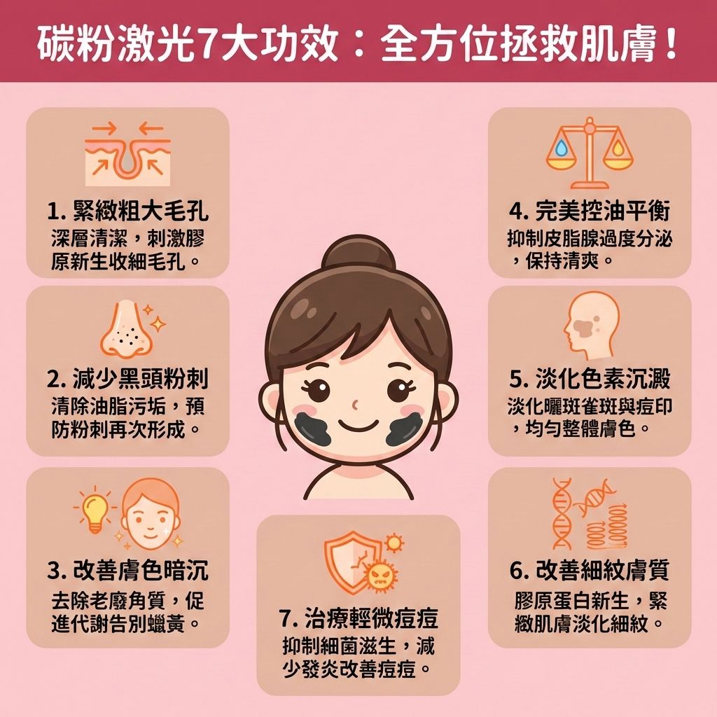 這是一張台灣健康部落格風格的正方形醫美資訊圖表，介紹醫學美容界極受歡迎的碳粉激光7大強大功效。圖中可愛女孩正享受將納米碳粉塗抹於臉上的過程。當激光能量介入時，能吸附深層污垢並溶解堆積油脂，達到深層清潔毛孔與疏通堵塞毛孔的極佳效果。這對於皮脂腺分泌過盛的人來說，能有效控制油脂分泌，進而減少黑頭粉刺（包含頑固的黑頭與粉刺）。

該療程能溫和地去除老廢角質（剝落過厚的角質層），幫助加速細胞代謝，同時能擊碎底層黑色素，改善黑色素沉澱引起的色斑與雀斑，進而提亮暗沉膚色與均勻整體膚色。熱能還能刺激膠原增生，促使膠原蛋白重組，達到修復受損組織、改善粗糙膚質與緊緻粗大毛孔（收縮毛孔）的作用。

針對輕微暗瘡，它能舒緩紅腫發炎並預防暗瘡形成。療程後建議敷上保濕面膜並塗抹合適的護膚品與做好防曬，以增強皮膚屏障並保護脆弱的皮膚屏障。圖表下方特別推薦香港完美醫療的皇牌激光去印療程與「暗瘡分手療程」，助您輕鬆重獲無瑕亮白肌！