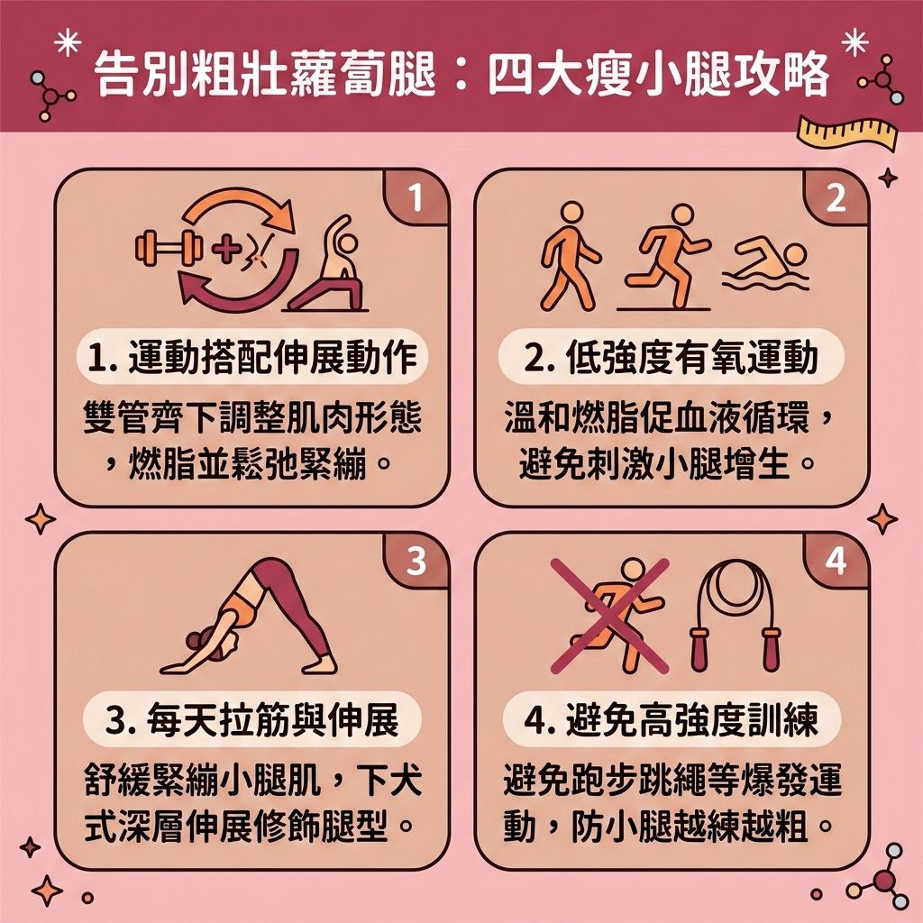 這是一張 1:1 正方形的扁平化向量資訊圖表插畫，嚴格採用台灣健康部落格懶人包風格。圖表以可愛、具教育性與醫美感的方式解析「告別粗壯蘿蔔腿：四大瘦小腿攻略」，底部保持純淨無字並無縫應用背景色。

內容詳細介紹最有效的減小腿肌肉方法，教您如何消除蘿蔔腿與改善粗壯小腿。日常常穿高跟鞋或不良步態會導致小腿的腓腸肌與比目魚肌過度發達，甚至牽動阿基里斯腱緊繃，阻礙血液循環與淋巴系統正常運作，造成皮下脂肪與脂肪細胞囤積。

圖表建議結合有氧運動與伸展運動。每天進行小腿拉筋動作與拉筋，配合適當的瘦小腿按摩技巧，能有效放鬆緊繃肌肉、減少肌肉充血並促進血液循環。這不僅有助於排毒去水腫與消除下肢水腫，還能改善腿部線條與塑造筆直長腿。同時，要注意矯正走路姿勢，控制熱量攝取創造熱量赤字，適度攝取優質蛋白質，有助於提升新陳代謝並突破減肥停滯期，進一步控制肌肉量。

針對極難消除的部位，側邊專欄介紹了醫學美容的醫美瘦小腿推薦。透過注射肉毒桿菌或瘦腿針，能展現極佳的肉毒瘦小腿效果；若要擊退頑固脂肪，可選擇局部減脂療程，如先進的微波溶脂與無創溶脂技術，為您精準雕塑完美小腿！