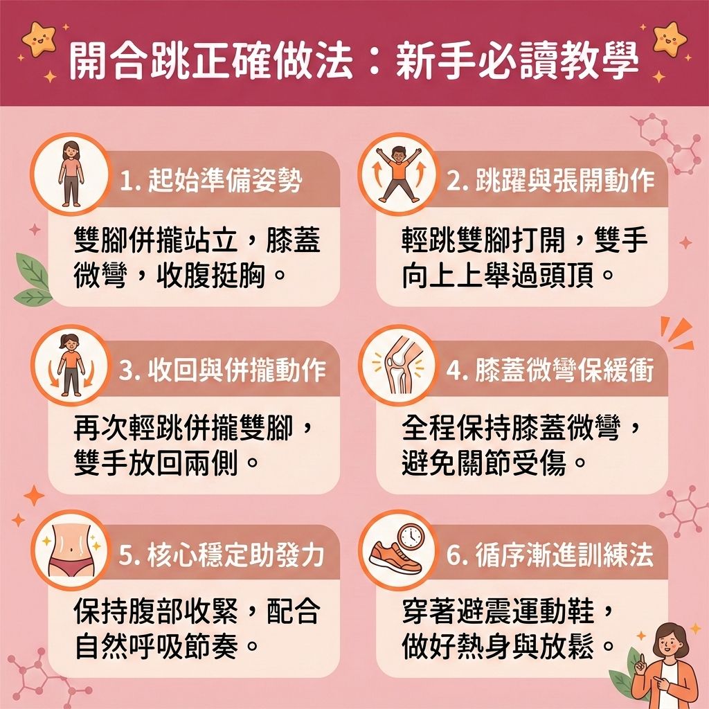 這是一張台灣健康部落格風格的1:1正方形資訊圖表，詳細示範了開合跳這項高效的全身消脂運動。對於處於減肥停滯期的人來說，要突破減肥停滯期，除了控制熱量攝取與減少碳水攝取（精準控制碳水化合物），並補充優質蛋白質以配合間歇性斷食外，加入適當的運動至關重要。開合跳結合了有氧運動與無氧運動的特點，能瞬間提升心跳率，大量消耗卡路里，幫助燃燒深層脂肪與消除頑固脂肪。

圖表中強調正確動作能有效鍛鍊核心肌群（強化核心肌群），不僅能改善心肺功能與改善新陳代謝，更有助於增加肌肉量（提升肌肉量），從而提升基礎代謝與整體的基礎代謝率，為您打造易瘦體質。無論是進行高強度間歇訓練或是搭配空中瑜伽，都有助於減少皮下脂肪與內臟脂肪，進而降低體脂比例（降低體脂率），有效預防脂肪積聚。

如果您在努力運動後，仍希望徹底破壞深層脂肪細胞以塑造緊緻線條，可以考慮醫學美容的輔助。香港完美醫療提供專業的專屬瘦身方案與局部減脂療程。透過先進的無創減脂技術與溶脂科技進行精準的醫美定位修形，能安全有效地為您雕塑完美體態！