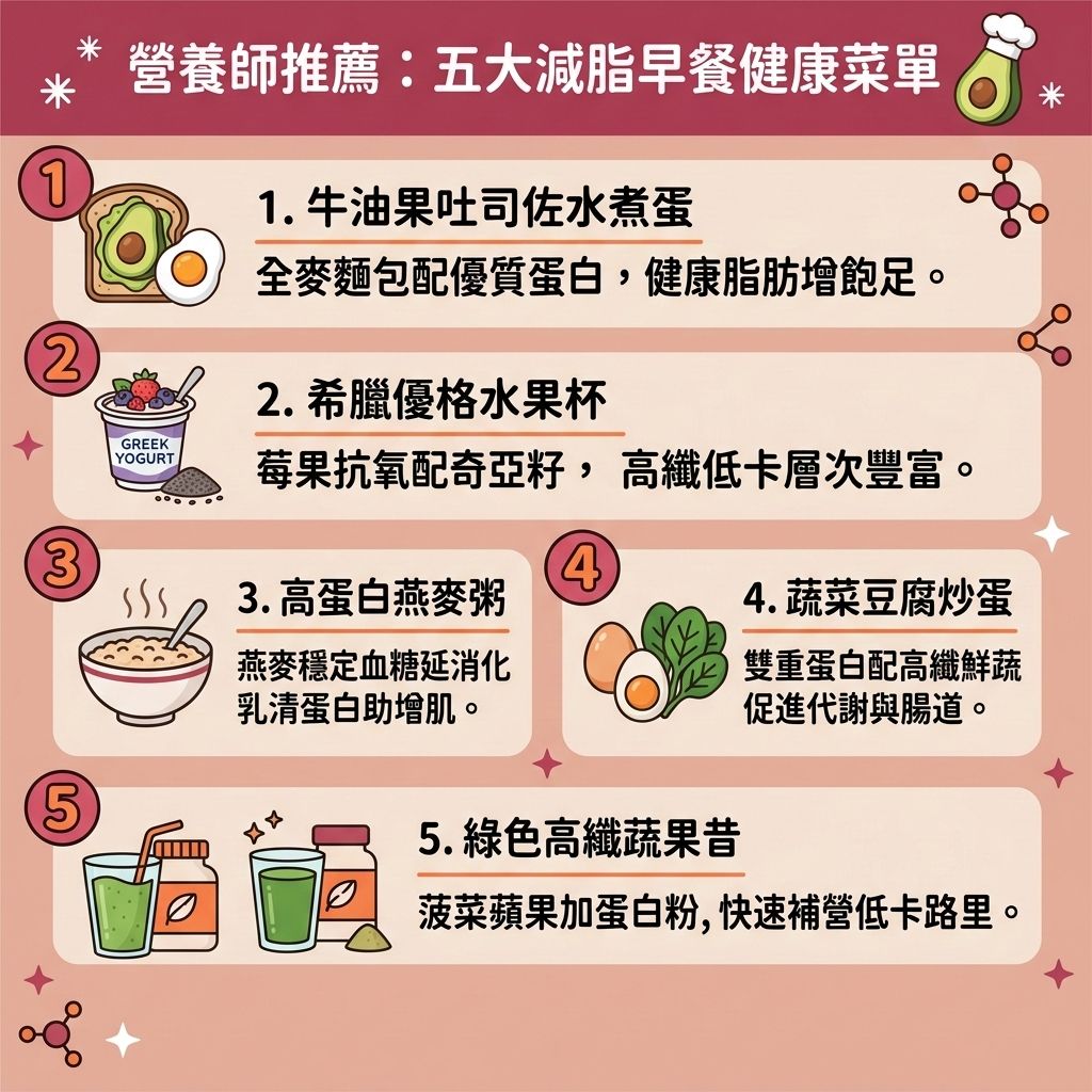 這是一張 1:1 正方形的扁平化向量資訊圖表插畫，嚴格採用台灣健康部落格懶人包風格。圖表以可愛、具教育性與醫美感的方式解析「營養師推薦：五大減脂早餐健康菜單」，底部保持純淨無字並無縫應用背景色。

這份專業的減脂早餐推介為您提供完美的減脂早餐食譜與健康減重餐單。透過攝取優質蛋白質與豐富的膳食纖維，例如將雞蛋、希臘乳酪與燕麥片加入早餐，能有效取代精緻澱粉。這種優質的碳水化合物能幫助穩定血糖水平，控制血糖與胰島素分泌，同時增加飽足感並延長飽足時間。

結合減脂增肌飲食並改善飲食習慣，能嚴格控制熱量攝取，減少多餘熱量與卡路里。高纖維更能促進腸胃蠕動，進而提升基礎代謝與整體的基礎代謝率，加速新陳代謝，維持健康的肌肉量。這不僅能幫助減少脂肪囤積，更能精準燃燒深層脂肪，擊退頑固的脂肪細胞、內臟脂肪與皮下脂肪，有效降低體脂比例與體脂率。只要堅持，就能順利突破減肥停滯期，預防體重反彈，輕鬆打造易瘦體質。

若渴望更完美的體態，圖表側邊的醫美專區建議結合醫學美容的無創減脂技術與局部減脂療程。透過先進的溶脂科技進行醫美定位修形，全方位雕塑您的健康自信美！