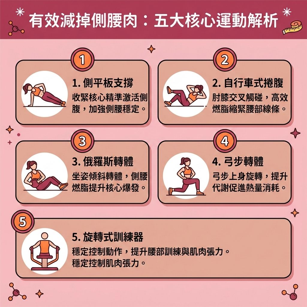 這是一張 1:1 正方形的扁平化向量資訊圖表插畫，嚴格採用台灣健康部落格懶人包風格。圖表以可愛、具教育性與醫美感的方式解析「有效減掉側腰肉：五大核心運動解析」，底部保持純淨無字並應用背景色。

圖表不僅傳授消除call機肉方法，更深入探討下半身肥胖成因。對於因久坐缺乏運動導致的脂肪細胞堆積，特別是大腿外側與腰側頑固的皮下脂肪，透過這五組核心訓練能有效減少脂肪囤積。搭配規律的有氧運動與伸展運動，有助於矯正骨盆前傾，讓骨盆回到正確位置，進而改善假胯寬問題並有效減大腿外側贅肉。運動過程能促進全身血液循環與改善血液循環，帶動淋巴系統以促進淋巴排毒，是解決水腫並改善下肢水腫的絕佳途徑。

女性易受雌激素影響而囤積脂肪，配合控制熱量攝取創造熱量赤字，並消耗卡路里，能有效提升基礎代謝與整體的基礎代謝率。增加核心肌肉量有助於突破減肥停滯期，擊退頑固脂肪並燃燒深層脂肪。對於極難消除的部位，圖表建議結合醫學美容的無創減脂技術與局部減脂療程。透過專業的溶脂、先進的微波溶脂與射頻科技，進行精準的醫美定位修形，能完美緊緻大腿皮膚，提拉臀部並提升臀部線條，最終為您塑造腿部線條，全方位雕塑完美體態！