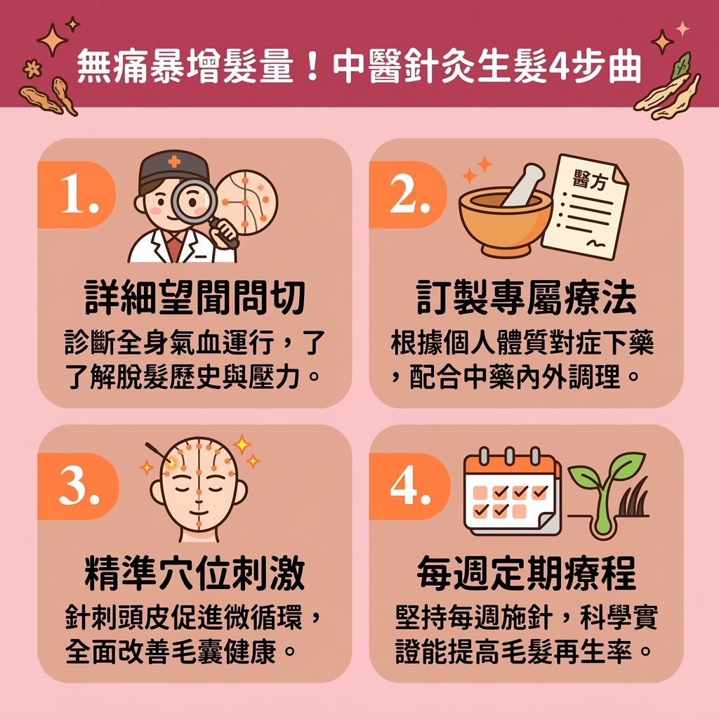 這是一張 1:1 扁平化醫美資訊圖表，教導大家如何透過【中醫調理脫髮】來【解決異常掉髮】。圖中指出，【腎虛】、【脾胃】不佳或【肝血】不足會導致【氣血】不順，此時需要【改善氣血不足】。這不僅會引起【內分泌】失調（需及時【調整內分泌失調】）與【荷爾蒙】問題，更會影響【新陳代謝】。缺乏【營養】會讓【頭皮】的【經絡】受阻，進而引發【脫髮】、【雄性禿】甚至【斑禿】。

專業【中醫】會透過【針灸】或【梅花針】來【治療局部斑禿】與【預防遺傳性脫髮】。藉由【按摩頭部穴位】及精準刺激【穴位】，能有效【疏通頭皮經絡】並【改善頭皮微循環】。這不僅能【促進血液循環】與維持良好的【血液循環】，更能【舒緩精神壓力】與【提升睡眠質素】。

透過療程能【改善頭皮環境】、【延緩毛囊萎縮】，並【激活休眠毛囊】。當深層【毛囊】與【髮根】獲得滋潤（【滋養脆弱髮根】、【修復受損髮絲】），便能【刺激毛囊生長】、【強健頭髮生長】。最終不僅能有效【增加頭髮密度】，還能讓你重拾健康豐盈的秀髮！