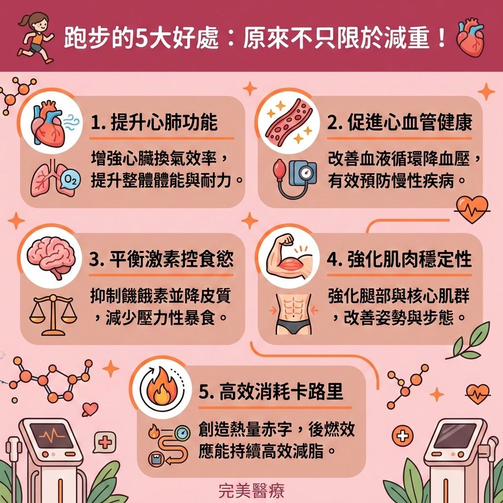 這是一張台灣健康部落格風格的正方形資訊圖表，主題是探討跑步的五大好處與慢跑減肥效果。作為一項絕佳的有氧運動，它可以瞬間提升心跳率，大量消耗卡路里並燃燒脂肪。若配合適當的無氧運動，能有效增加肌肉，進而提升基礎代謝與整體的基礎代謝率，加速新代謝（促進新陳代謝）。

想要降低體脂比例（降低體脂率）與減大肚腩，除了運動，更要控制熱量攝取。我們要破解空腹跑步迷思，注意運動後進食的選擇，採取增肌減脂飲食，攝取足夠的蛋白質與優質碳水化合物。日常可搭配飲用含兒茶素減脂功效的綠茶，或食用富含膳食纖維的秋葵來促進腸胃蠕動。若再配合間歇性斷食，更能預防脂肪積聚，有效減少厚實的皮下脂肪與內臟脂肪，消滅頑固大肚腩。

對於處於瓶頸期的人，這些好習慣能助您突破減肥停滯期，打造易瘦體質。若想進一步消除頑固脂肪與塑造緊緻線條，可以考慮醫學美容的幫助。香港完美醫療提供專業的局部減脂療程與專屬瘦身方案。透過先進的無創減脂技術進行精準的醫美定位修形，能安全高效地擊退深層脂肪，讓您重拾自信體態！