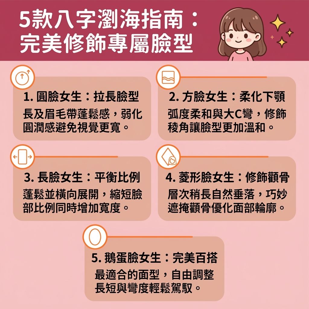 這是一張台灣健康部落格風格的 1:1 正方形資訊圖表，主題是顯瘦減齡瀏海推薦與慵懶風髮型推薦，教你了解八字瀏海適合臉型。無論你是圓臉、方臉還是長臉，選對髮型都能修飾輪廓。例如圓臉顯瘦八字瀏海能拉長視覺，而透過自然弧度與層次，能作為最佳的修飾高顴骨髮型與修飾咀嚼肌髮型，完美柔和顴骨與下巴，甚至能隱藏寬額頭瀏海，遮蔽寬大額頭與高髮際線。

圖中也收錄了韓系八字瀏海圖鑑，並解答八字瀏海法式瀏海分別。針對日常打理，我們提供八字瀏海整理技巧與八字瀏海剪法教學（包含八字瀏海自己剪的秘訣）。你可以學會如何處理難搞的八字瀏海過渡期整理，利用捲髮器或直髮夾整理瀏海，配合捲髮器整理瀏海的技巧，順著髮絲到髮尾打造完美造型。

為了增加髮根蓬鬆度（撐起髮根與增加視覺髮量），建議使用定型噴霧掌握八字瀏海定型方法。不管你是喜歡八字瀏海長髮造型還是八字瀏海短髮搭配，甚至是追求去專業髮廊體驗燙髮的八字瀏海燙髮效果，這些造型秘訣都能讓你輕鬆駕馭完美瀏海。