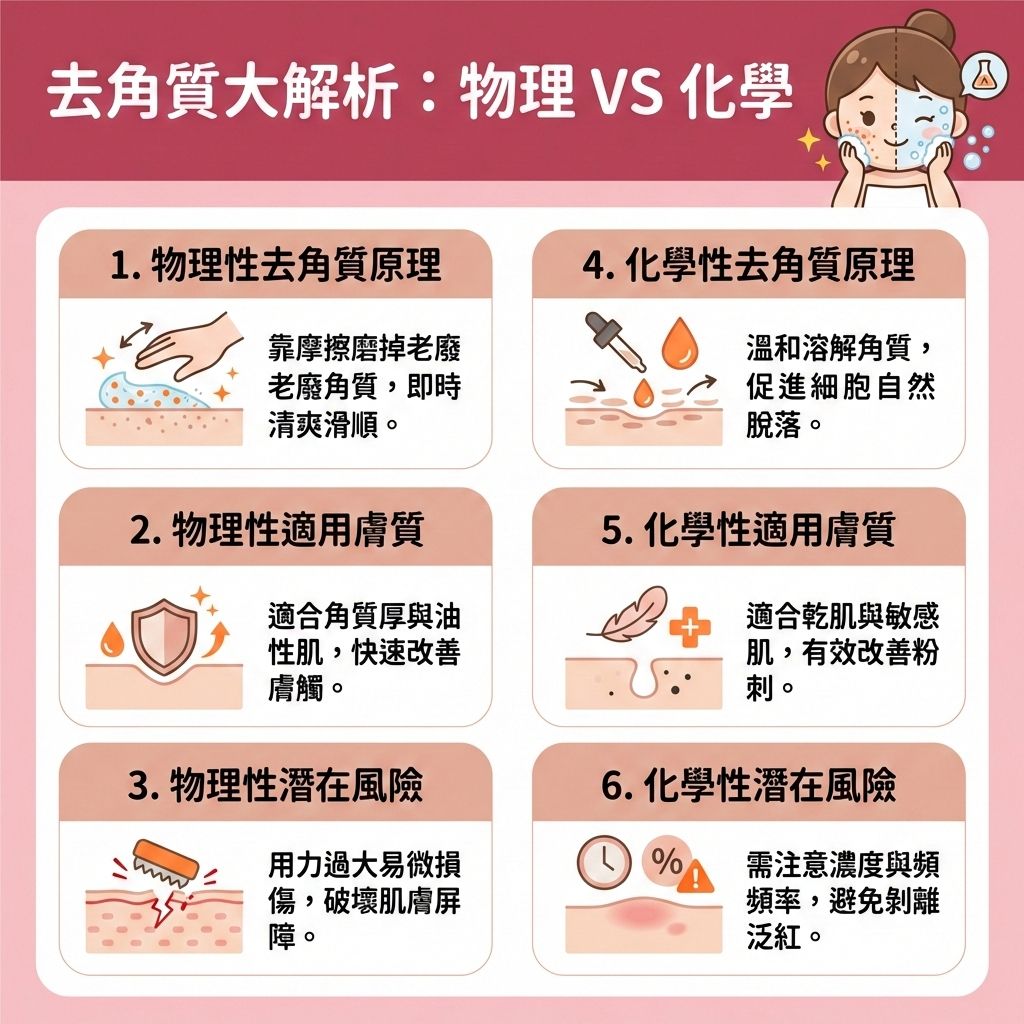 這是一張台灣健康部落格風格的正方形醫美資訊圖表，詳細描述兩種去角質原理。圖中展示對於油性肌膚和混合肌，若皮脂腺分泌旺盛，容易積聚黑頭、粉刺及暗瘡。此時可透過磨砂膏或去角質凝膠進行物理摩擦，以深層清潔毛孔並去除老廢角質，有助於改善粗糙膚質及提亮暗沉膚色。

另一方面，化學性方式適合敏感肌，透過果酸、水楊酸或杏仁酸等護膚品及爽膚水，能溫和潔淨肌膚並溶解堆積油脂。這不僅能疏通堵塞毛孔、控制油脂分泌，更能加速細胞更新與減少黑頭粉刺，幫助調節水油平衡與維持肌膚水分。

圖表提醒，不論何種方式都要避免過度清潔，以免破壞脆弱的角質層與健康的皮膚屏障。正確保養能促進後續吸收、刺激膠原增生並舒緩紅腫發炎，進而修復皮膚屏障。若情況嚴重，應尋求專業皮膚科醫生。圖表下方推薦完美醫療的專業醫學美容項目，包括激光去印療程與「暗瘡分手療程」，助你徹底解決毛孔煩惱，實現長效預防復發！