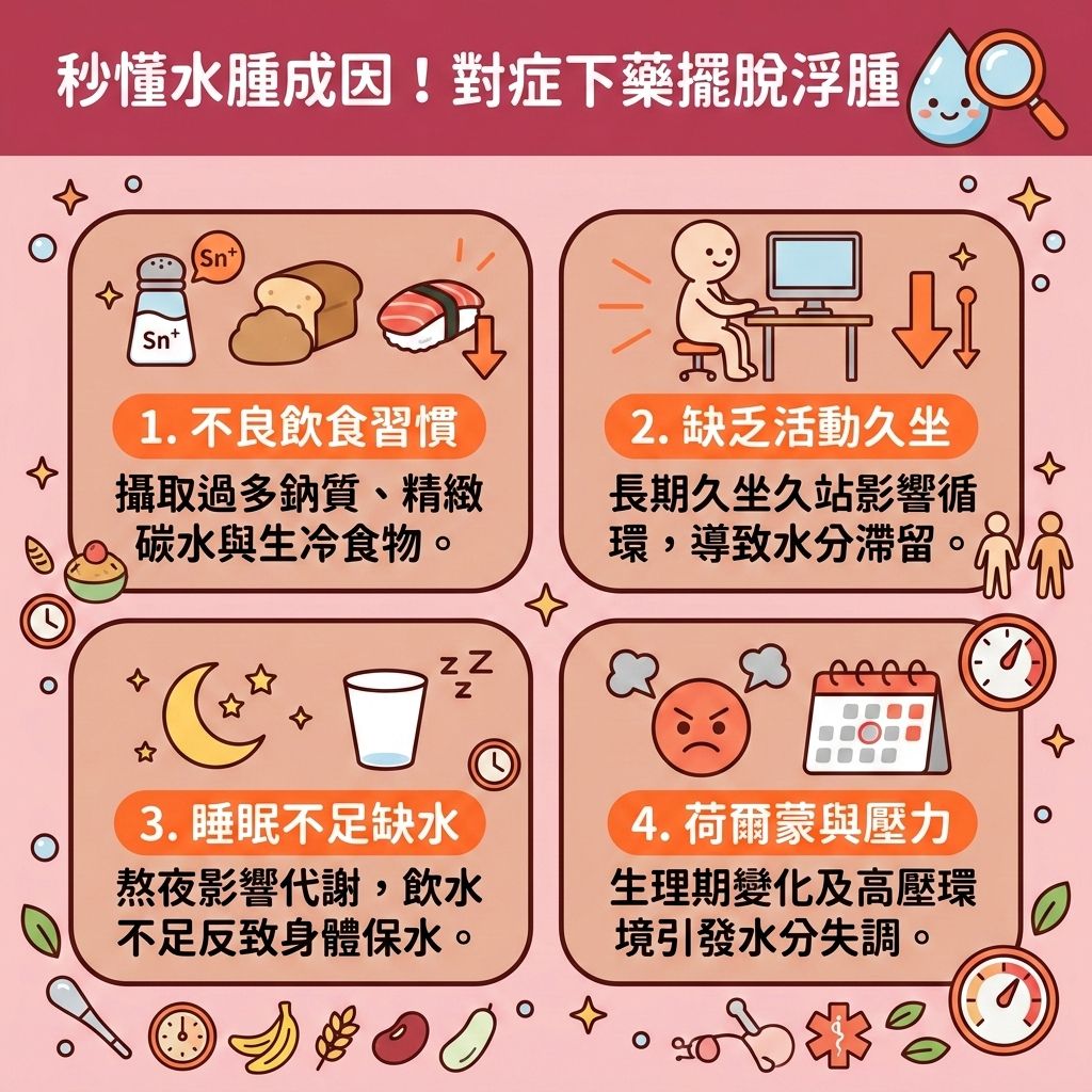 這是一張台灣健康部落格風格的 1:1 正方形教育性醫美資訊圖表，教你秒懂成因與消除水腫方法。圖中指出不良飲食會導致水分滯留，並提供排水腫食物推薦，例如富含膳食纖維與鉀質的高鉀食物名單：香蕉、冬瓜，以及能去除濕氣的薏米和紅豆。配合去濕湯水食譜，能有效減少鈉質攝取，平衡體內鈉質，是絕佳的快速消腫秘訣。

圖中也建議飲用咖啡或綠茶來排走體內毒素。針對久坐造成的早上臉部浮腫或孕婦去水腫需求，應改善血液循環，加強血液循環與淋巴系統運作，促進淋巴排毒。這不僅能提升新陳代謝與整體的新陳代謝，更有助於舒緩經期水腫及改善下半身水腫。

若你想徹底解決水腫型肥胖，除了飲食，還需控制體重與脂肪，以預防脂肪積聚。如果水腫伴隨肥胖問題，想進一步改善中央肥胖，可以考慮專業醫學美容的協助。香港完美醫療提供度身訂造的專屬瘦身方案與無創減脂療程，透過先進的溶脂科技進行精準的醫美定位修形，幫助您輕鬆排毒並打造健康完美體態！