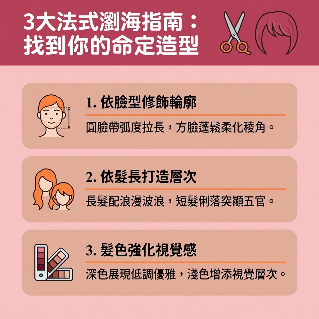 這是一張台灣健康部落格風格的 1:1 正方形資訊圖表，詳細解說法式瀏海適合臉型與顯瘦減齡瀏海推薦。圖表教你如何根據臉型（如圓臉、方臉、長臉）選擇合適的髮型與法式瀏海。透過完美的弧度與層次，能作為隱藏寬額頭瀏海、修飾額頭與下巴，更是極佳的修飾高顴骨髮型與修飾咀嚼肌髮型，幫助隱藏顴骨。其中，圓臉顯瘦法式瀏海深受大眾歡迎。

圖表也探討了法式瀏海八字瀏海分別（對比八字瀏海）以及法式瀏海空氣瀏海差異（對比空氣瀏海），並提供了韓系法式瀏海對比與慵懶風髮型圖鑑。無論是捲髮或直髮，在法式瀏海長髮造型或法式瀏海短髮搭配中，都能展現迷人造型。想在家嘗試法式瀏海自己剪，可參考圖中的法式瀏海剪法教學；若前往專業髮廊，則可體驗專屬的法式瀏海燙髮效果。

日常保養方面，圖表分享了實用的法式瀏海整理技巧與法式瀏海過渡期整理指南。利用直髮夾整理瀏海，並學習正確的法式瀏海定型方法，能有效增加髮根蓬鬆度，讓髮絲與髮根更顯豐盈，完美解決髮量扁塌的困擾。
