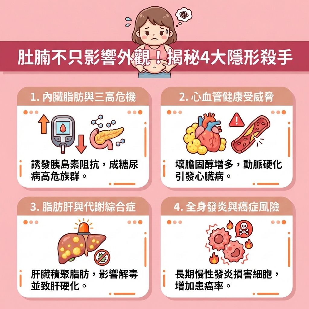 這是一張台灣健康部落格風格的醫美資訊圖表，詳細描述肚腩帶來的隱形健康危機。圖中可愛女孩正為腹部的皮下脂肪與厚實的內臟脂肪苦惱。當日常卡路里攝取過多，會嚴重干擾荷爾蒙與胰島素分泌，此時必須降低胰島素阻抗與減少糖分吸收。

為了有效消除中央肥胖與燃燒內臟脂肪，我們需要專業營養師協助建立健康飲食，精準控制熱量攝取，並多補充蛋白質與膳食纖維，以促進腸道蠕動及改善便秘問題。日常生活中應配合帶氧運動（如規律的帶氧運動）來消耗多餘熱量、提升新陳代謝與促進新陳代謝。

同時，透過鍛鍊核心肌群（強化核心肌群與腹肌）能有效增加肌肉比例，提升基礎代謝率，進而改善整體的體脂率與體重指數。若想快速減去腹部脂肪與打造緊緻腹部，可考慮醫學美容的局部減脂療程。不論是溶脂針、抽脂手術還是無痛溶脂技術，都能提供精準的醫美定位修形，助你突破減重停滯期。圖表下方特別推薦香港完美醫療的專屬瘦身方案，教您如何安全找回健康平滑的腹部！