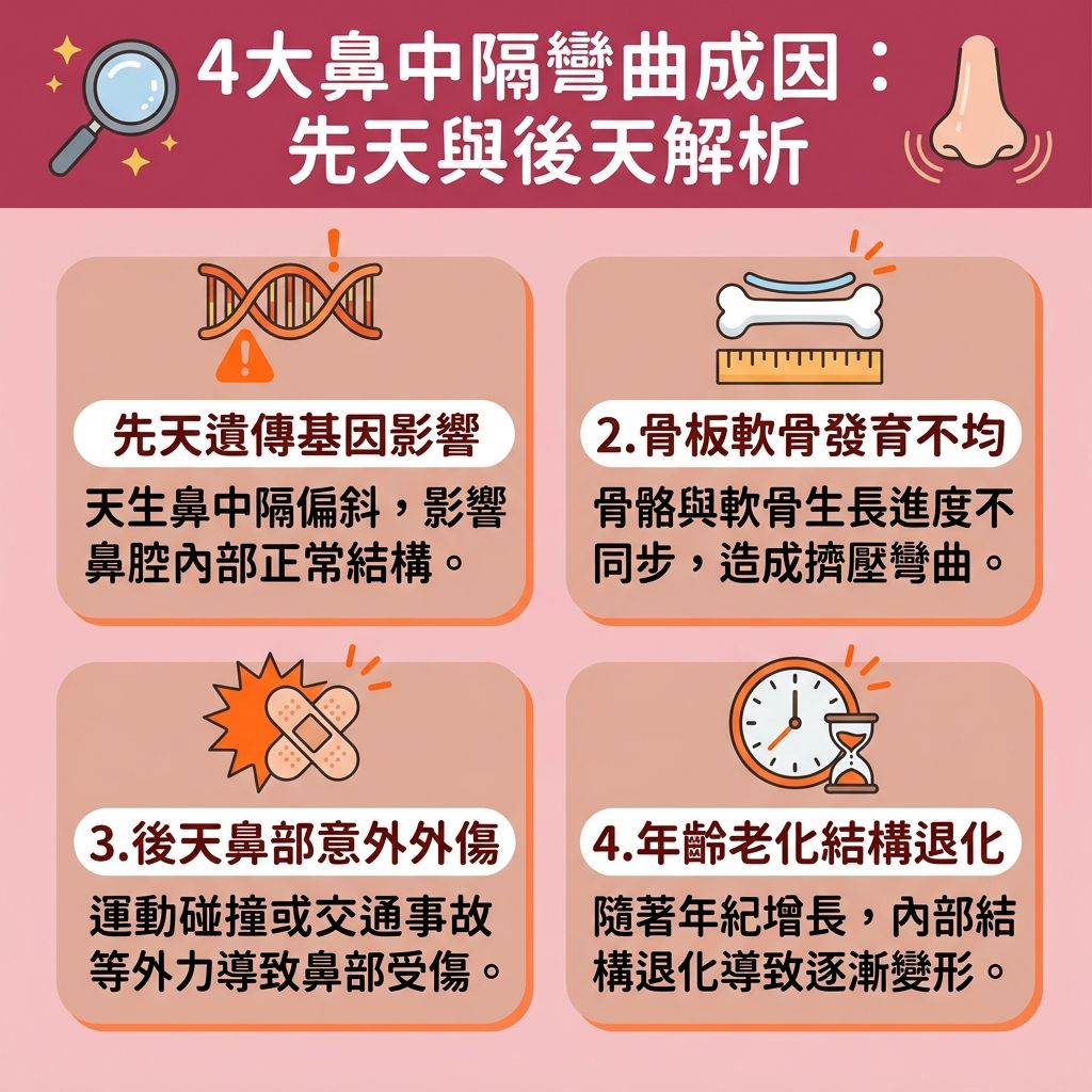 這是一張台灣健康部落格風格的 1:1 正方形扁平化資訊圖表，詳細圖解四大【鼻中隔彎曲成因】。當【鼻中隔】（即【鼻中隔偏曲】）的【骨骼】與【軟骨】【組織】因先天發育或後天外傷變形時，會導致【鼻腔】空間受壓迫。常見的【鼻中隔彎曲症狀】包括嚴重的【單側鼻塞】或雙側【鼻塞】，進而引發【鼻炎】、【鼻水】狂流、頻繁的【鼻出血】，以及【鼻腔分泌物增多】與【鼻黏膜腫脹】。若不理會，容易惡化成【鼻竇炎】。

為了【舒緩鼻敏感】並尋求【慢性鼻竇炎治療】，患者應前往專業【診所】尋求【醫生】進行【耳鼻喉科專科診斷】。透過【耳鼻喉科】的【內視鏡】檢查，能準確評估【鼻黏膜】狀況。長期的鼻塞會導致【呼吸道】受阻，引發嚴重的【鼻鼾】甚至【睡眠窒息症】（【睡眠呼吸中止】）。

為了【舒緩呼吸困難】、【改善用口呼吸】與【改善呼吸道阻塞】，並有效找出【解決鼻塞方法】以【減少打鼻鼾】和【改善睡眠質素】，醫生可能會建議進行【鼻中隔彎曲手術】。現代醫學常採用【微創切除手術】（如【鼻中隔成形術】），這類【微創】【手術】不僅能精準矯正，更大幅縮短了【術後恢復期】，讓您徹底告別呼吸不順的困擾。
