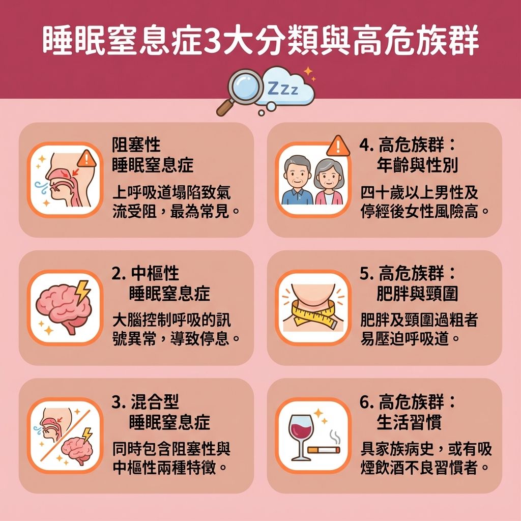 這是一張台灣健康部落格風格的 1:1 正方形扁平化資訊圖表，詳細解說【睡眠窒息症評估】的三大自我測試。當出現【睡眠缺氧症狀】或頻繁【鼻鼾】時，需警惕【阻塞性睡眠窒息症】（一種常見的【睡眠窒息症】）。了解【睡眠窒息症成因】可知，當頸部【脂肪】積聚壓迫【呼吸道】、或【喉嚨】與【軟顎】的【肌肉】過度鬆弛，甚至【扁桃腺】過大，都會導致【睡眠呼吸中止】。此外，患有【鼻敏感】或【鼻竇炎】等問題也會增加上呼吸道阻塞的機率。

為了【減輕日間疲倦】並【預防心血管疾病】，大眾可先在家進行量表自測，並考慮使用市面上的【脈搏血氧儀】監測夜間【血氧】。若發現【停止呼吸頻率】過高，應盡早前往專業【診所】或【醫院】尋求【醫生】進行正式的【睡眠測試】（如【睡眠多項生理檢查】）。透過【腦電圖】、【心電圖】與專業的【睡眠監測儀】來完成精準的【睡眠窒息症診斷】。許多人也會比較【睡眠測試收費】，進而選擇【家居睡眠測試】或尋找合適的【睡眠測試醫院】。

在確診後，醫生會提供【睡眠窒息症治療】與【打鼻鼾解決方法】。除了配戴【呼吸機】並留意【呼吸機副作用】外，也有許多非手術的【解決鼻鼾方法】。例如透過【無創止鼾療程】來【改善呼吸道阻塞】與【保持呼吸道暢通】，這能有效【改善睡眠質素】，讓你徹底告別打呼困擾。