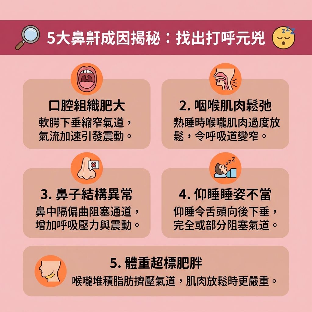 這是一張台灣健康部落格風格的 1:1 正方形扁平化資訊圖表，詳細分析鼻鼾成因與阻塞性睡眠窒息症的高危因素。圖表指出，當過度肥胖導致喉嚨周圍堆積脂肪，或軟顎與肌肉過度鬆弛時，會壓迫呼吸道，阻礙氣流。這不僅會引發睡眠窒息症，造成頻繁的睡眠呼吸中止，更會出現睡眠缺氧症狀，降低血液氧氣濃度，嚴重影響整體的睡眠質素。

為了預防心血管疾病並減輕日間疲倦，我們必須尋求解決鼻鼾方法以改善睡眠質素。如有疑問，建議到專業診所尋求醫生進行詳細的睡眠測試診斷。了解如何降低停止呼吸頻率與保持呼吸道暢通後，可選擇合適的睡眠窒息症治療，如佩戴呼吸機，或進行傳統手術來處理肥大的黏膜。

如今，市場上推出了先進的無痛止鼾技術，成為熱門的無創止鼾療程。透過特殊探頭發放激光的能量，這種非入侵性療程能精準刺激膠原增生（補充流失的膠原蛋白）。其卓越的激光止鼾效果能有效收緊喉嚨肌肉，成功擴張上呼吸道並改善呼吸道阻塞。在向專業人士充分了解鼻鼾槍價錢與鼻鼾槍副作用後，這項新技術將助你重拾安穩健康的睡眠。