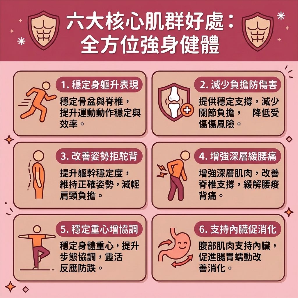 這是一張 1:1 正方形的扁平化向量資訊圖表插畫，嚴格採用台灣健康部落格懶人包風格。圖表詳細解析「六大核心肌群好處：全方位強身健體」，底部保持純淨無字並無縫應用背景色。

透過居家徒手訓練（例如經典的平板支撐動作），或結合高強度間歇訓練、有氧運動與阻力訓練，能深層鍛鍊腹直肌、腹橫肌、腹外斜肌、多裂肌、骨盆底肌、豎脊肌與橫膈膜。這不僅能增強核心力量，穩定脊椎關節以保護脊椎與骨盆，更能有效矯正骨盆前傾、改善不良姿勢及預防下背疼痛，進而大幅提高運動表現。

在體態雕塑方面，強壯的核心能提升基礎代謝與整體的基礎代謝率，增加肌肉量，幫助您順利突破減肥停滯期。搭配優質的健康減重餐單，能精準消除腹部贅肉，作為極佳的減大肚腩方法，徹底打擊內臟脂肪、皮下脂肪與頑固的脂肪細胞，燃燒深層脂肪。這能顯著降低體脂比例與體脂率，助您輕鬆打造馬甲線並塑造緊緻線條。

若追求更完美的曲線，圖表側邊的醫美專欄建議可搭配局部減脂療程與無創減脂技術。利用醫學美容專業的溶脂科技進行醫美定位修形，全方位雕塑健康完美的體態！