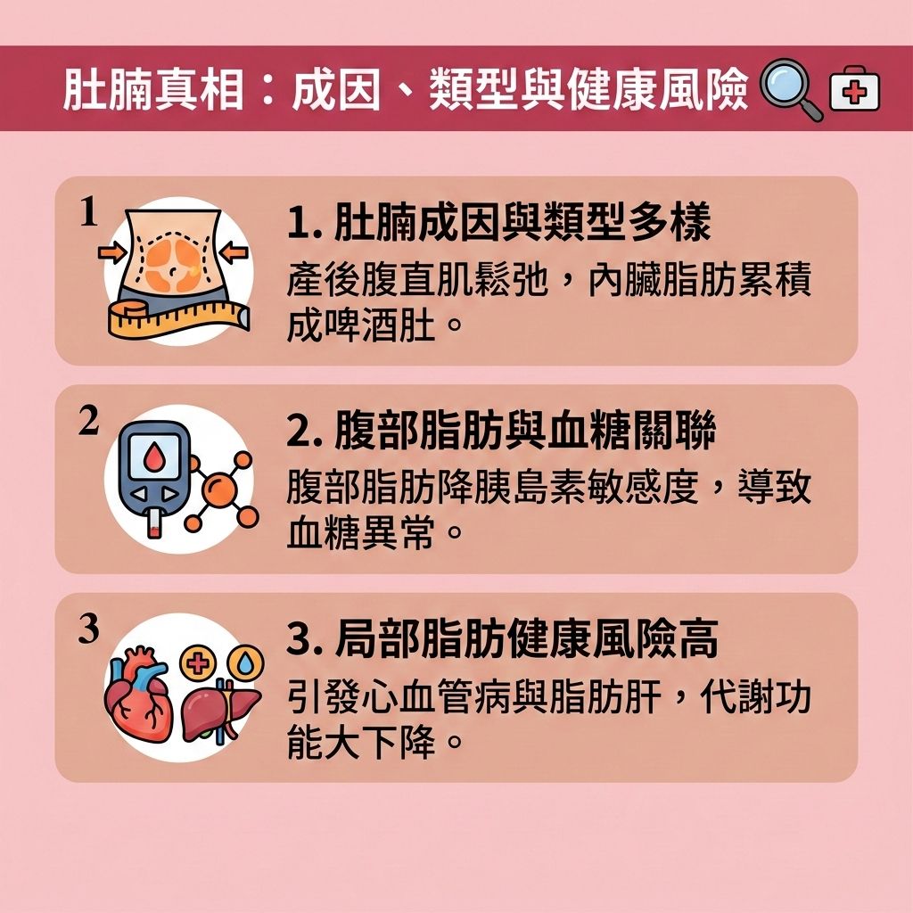 這是一張採用台灣健康部落格風格的 1:1 正方形扁平化向量資訊圖表插畫，背景採用可愛的淺粉紅色。圖表詳細剖析了肚腩成因與健康風險，旨在提供有效的減大肚腩方法與快速瘦小腹指南。

圖表分為三個主要區塊。第一區塊顯示皮下脂肪與內臟脂肪的差異，說明產後腹直肌鬆弛與荷爾蒙變化會導致脂肪細胞囤積，形成難看的肚腩。第二區塊配有血糖與胰島素圖示，解釋過多精緻碳水化合物如何影響代謝。第三區塊畫有心肺肝臟，警告脂肪肝及水腫風險。

為幫助消除腹部贅肉與改善中央肥胖，圖表建議實行熱量赤字與控制熱量攝取，可搭配輕斷食與調節飲食結構。增加優質蛋白質與膳食纖維的攝取，能促進腸胃蠕動並幫助排毒清腸宿便。配合運動鍛鍊核心肌群，能有效維持新陳代謝、提升基礎代謝與整體的基礎代謝率，進一步延長燃脂時間，真正燃燒深層脂肪。

這不僅能幫助您突破減肥停滯期、降低體脂率與降低體脂比例，還能預防脂肪積聚、改善睡眠質素，最終打造易瘦體質。若想更快速塑造緊緻線條，醫學美容是理想選擇。透過專業的無創減脂技術、溶脂與局部減脂療程，配合減脂增肌飲食，能安全高效地達成完美體態！