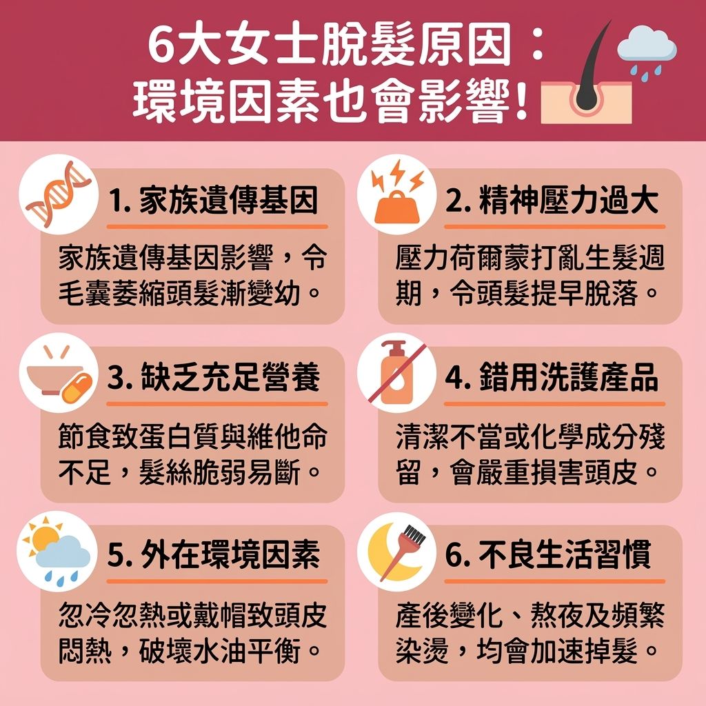 這是一張台灣健康部落格風格的 1:1 正方形扁平化資訊圖表，詳細分析了六大女士脫髮原因及應對方法。圖中指出，維他命不足脫髮是常見主因，缺乏蛋白質、膠原蛋白、鐵質、鋅與脂肪酸等營養素會令髮根脆弱。我們日常需要多吃防脫髮食物及服用護髮營養補充劑，參考防脫髮維他命推薦，攝取足夠維他命及發揮生物素生髮功效（積極補充生物素），能有效預防頭髮稀疏、增加頭髮濃密度與促進頭髮生長。此外，透過攝取抗氧化劑對抗自由基，能達到抗氧化護髮及延緩頭髮老化。針對產後荷爾蒙變化，挑選合適的改善脫髮保健品有助改善產後脫髮。面對高壓生活，減輕壓力型脫髮需從維持正常新陳代謝與平衡免疫系統著手，並改善頭皮血液循環（促進血液循環）。正確護理頭皮與調節皮脂腺能強化毛囊健康，保護毛囊免受化學傷害。這不僅是極佳的滋養髮根方法，更能促進角蛋白合成（補充角蛋白），從而修護受損頭髮、防範補充鐵質防掉髮的危機，並徹底解決斷髮問題。