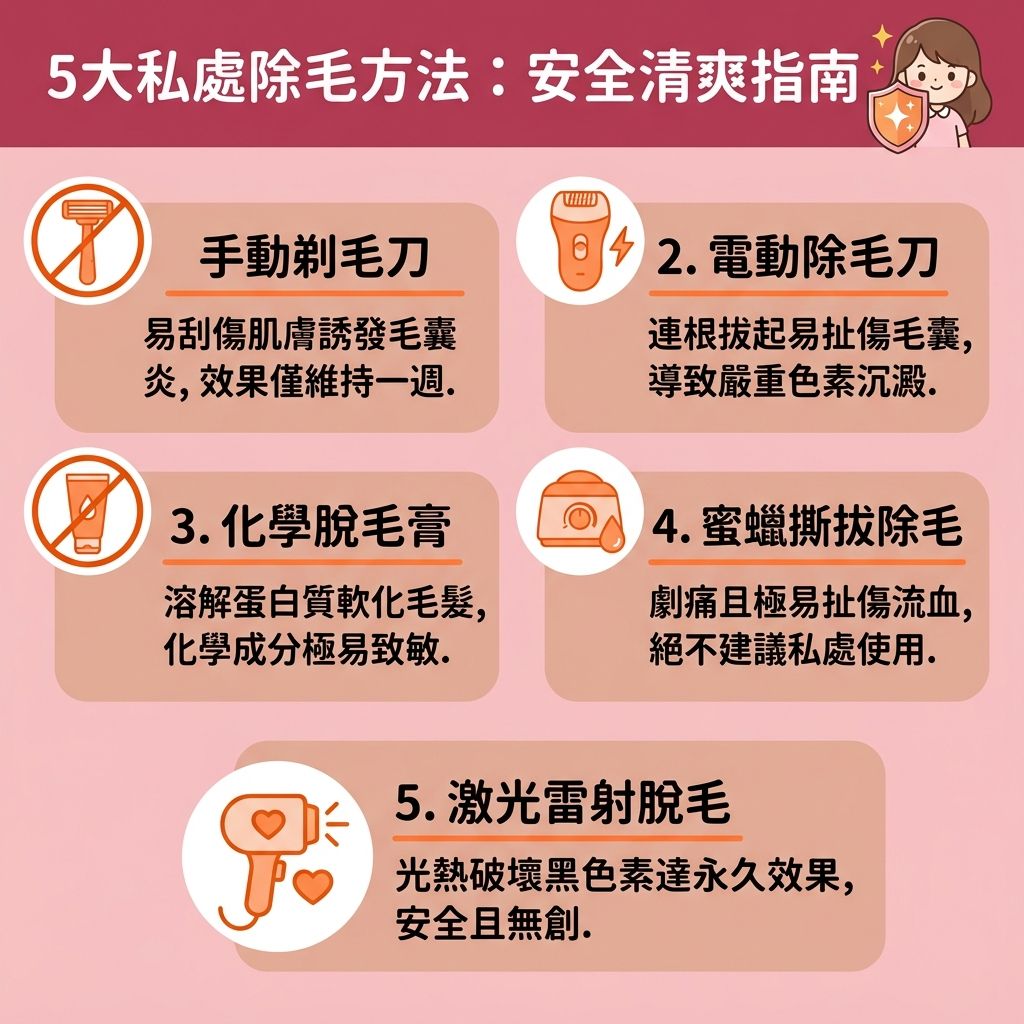 這是一張台灣健康部落格風格的 1:1 正方形資訊圖表，詳細分析了不同的安全脫毛方法與私處除毛好處。針對嬌嫩的私處與比堅尼位，若使用傳統的剃刀或化學脫毛膏來處理毛髮，很容易引發炎症與紅腫，造成難以挽救的拔毛後遺症。而使用蜜蠟更會帶來劇烈的蜜蠟脫毛痛楚，嚴重扯傷皮膚與角質，導致色素與黑色素沉澱，讓減少色素沉澱變得困難。

為了避免皮膚灼傷、解決毛囊發炎並舒緩脫毛紅腫，首選的比堅尼脫毛推薦是前往專業脫毛中心，由專業醫生進行無痛激光脫毛。圖表解釋了激光脫毛原理：利用特定波長與能量的激光穿透表皮，搭配冰感技術，安全破壞毛囊，不僅能改善毛髮倒生，還能達到理想的永久脫毛效果。

建議在適合脫毛季節進行療程，並牢記正確的私密處保養步驟與私密處脫毛保養。做好脫毛前後護理，日常使用保濕霜滋潤並搭配溫和去角質，不僅能保護毛孔，更能有效收細粗大毛孔，維持私密處的健康與白滑。