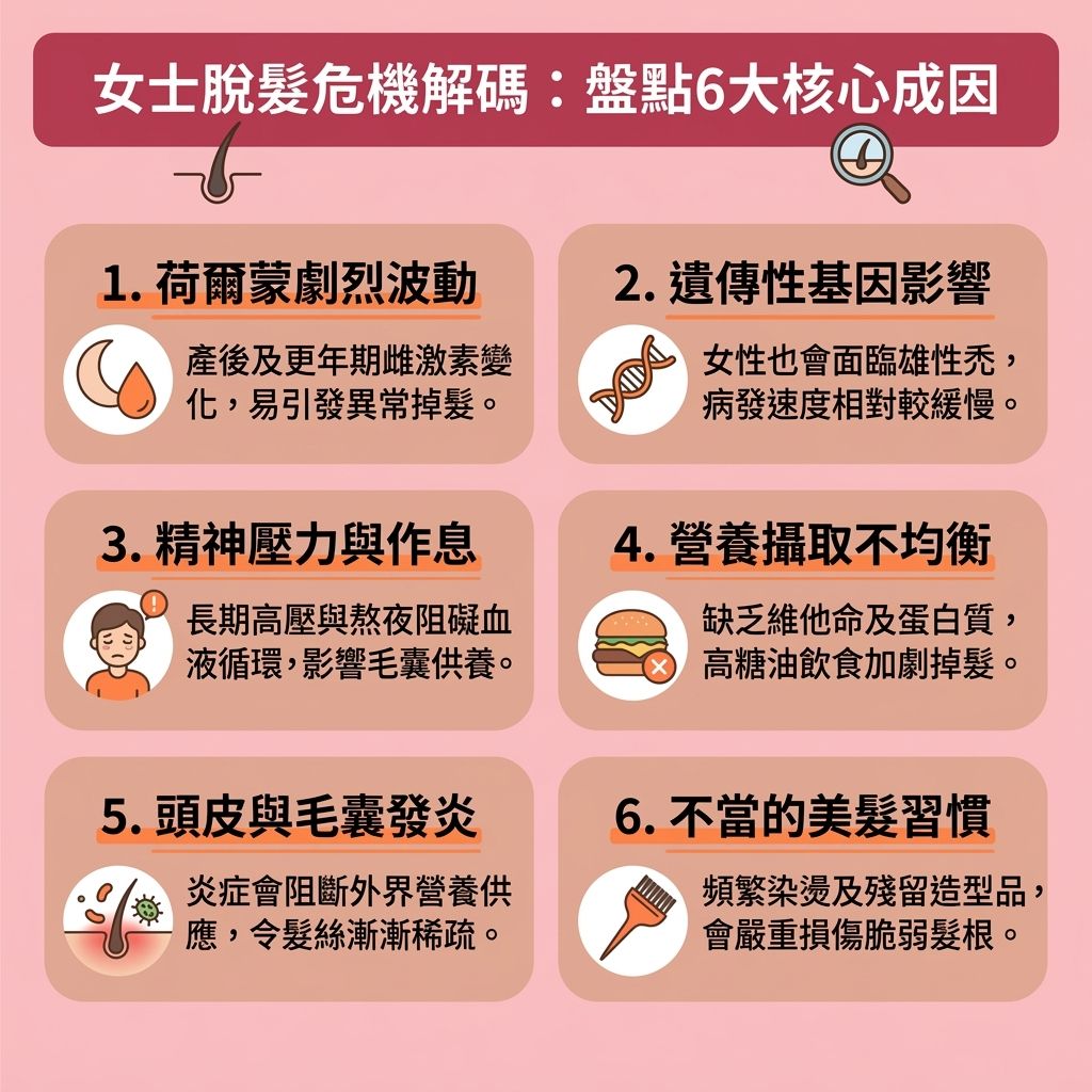 這是一張台灣健康部落格風格的 1:1 正方形資訊圖表，詳細解析了多種女士脫髮原因。面對女性休止期脫髮與女性雄性禿，我們必須了解背後的成因。對於孕婦及處於更年期的女性，體內荷爾蒙與雌激素的劇變常引發問題，因此尋找產後脫髮解決方案與更年期掉髮治療尤為重要。此外，現代人面臨龐大壓力，容易削弱免疫系統並導致壓力型脫髮，直接影響頭皮的血液循環。為改善頭皮血液循環並強化毛囊健康，我們需要攝取足夠的營養素。圖表建議日常多吃防脫髮食物，並搭配改善脫髮保健品與護髮營養補充劑。關鍵成分如維他命、蛋白質、膠原蛋白、角蛋白、鋅與鐵質能有效改善因貧血引起的落髮，補充鐵質防掉髮是常見的滋養髮根方法。同時，善用維他命生髮推薦清單，發揮生物素生髮功效（積極補充生物素），能幫助解決斷髮問題、預防頭髮稀疏、延緩頭髮老化並增加頭髮濃密度。只要對症下藥，深入修護毛囊與髮根，便能有效促進頭髮生長，徹底告別脫髮困擾。