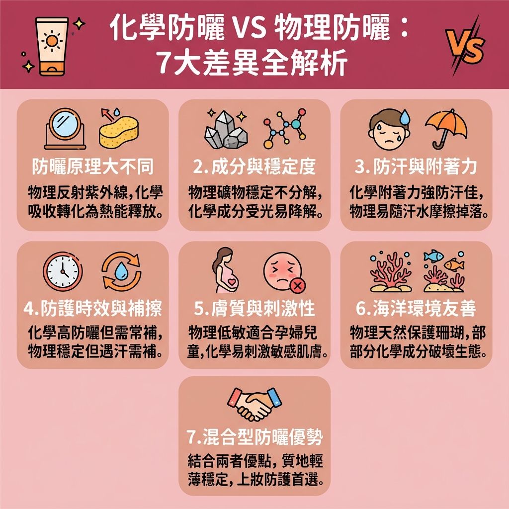 這是一張台灣健康部落格風格的 1:1 正方形扁平化資訊圖表，深入分析【物理防曬】與【化學防曬】的差異與【化學防曬分別】。面對強烈的【紫外線】，若無法有效【阻隔紫外線】，光線會穿透【角質層】、【表皮層】直達【真皮層】，導致底層【黑色素】大量增生，進而形成難纏的【色斑】、【太陽斑】與【雀斑】。

圖表詳細指出，【化學防曬成分】主要透過【吸收紫外線】並將其【轉化熱能】（釋放微小【熱能】）來達到防護效果。這類【防曬霜】、【隔離霜】、【素顏霜】與【粉底液】等【化妝品】及【護膚品】通常具備極佳的【防曬系數】，且【質地輕盈】、【清爽不黏膩】，能輕鬆打造【妝感自然】且【不阻塞毛孔】的完美底妝，同時能【提亮膚色】與【改善膚色不均】。然而，某些成分容易對【敏感肌】造成負擔並【引起敏感】。

相比之下，【物理防曬推薦】的產品成分天然安全，許多更是【海洋友善防曬】的絕佳選擇。無論選擇哪一種，兩者皆能有效【抵禦光老化】、【防止肌膚老化】、【預防黑色素沉澱】及【預防色斑形成】。最後提醒，每天回家後務必使用溫和的【卸妝水】進行徹底的【卸妝清潔】，以維持【毛孔】的健康透氣。