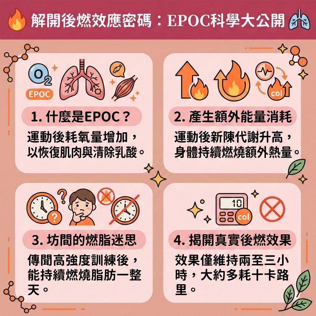 這是一張台灣健康部落格風格的 1:1 正方形資訊圖表，主題是解密後燃效應（運動後過量氧耗）。圖表解釋了進行短時間高效率運動如高強度間歇訓練（結合有氧運動與無氧運動）後，如何透過增加心跳率與吸收大量氧氣，達到運動後持續消耗熱量與延長燃脂時間的效果。這類高效減脂運動能提升基礎代謝與整體的基礎代謝率，並改善新陳代謝（促進新陳代謝），幫助快速燃燒深層脂肪與預防脂肪積聚，有效降低體脂比例（降低體脂率）。

運動過程中會鍛鍊核心肌群並刺激肌肉，運動後身體為了促進肌肉修復與加速乳酸代謝（清除乳酸），會大幅增加血液循環。建議搭配補充優質蛋白質（攝取優質蛋白質）以增加肌肉量並燃燒更多卡路里。然而，單靠運動產生的後燃效果有限，未必能完全消除頑固脂肪。

若想突破減肥停滯期，徹底破壞深層脂肪細胞以塑造緊緻線條，可考慮醫學美容的輔助。香港完美醫療提供專業的專屬瘦身方案與局部減脂療程。透過先進的無創減脂技術與溶脂科技進行精準的醫美定位修形，能安全有效地為您重塑完美體態！