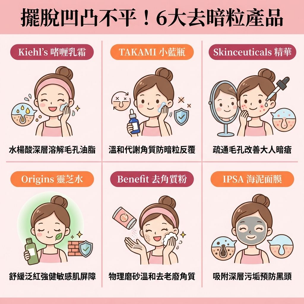 這是一張1:1正方形比例的扁平化向量資訊圖表插畫，背景採用純色且簡單的柔和色調。畫面運用彈性網格排版，以清晰的淺色直線整齊劃分為六個方格（採上排三格、下排三格的3x2陣列佈局）。整體設計為現代醫療健康資訊圖表，帶有日系及台系可愛卡通感。每一格內部結構統一：頂部是帶有底色的「膠囊形」小標題，中央是生動的手繪人物風格產品或護膚動作專屬插圖，底部則為無句號的十字內說明文字。
圖表為大眾推薦六款人氣護膚神物，教導如何【改善閉口粉刺】與對付頑固【暗粒】。當日常【防曬】後若【卸妝】與【卸妝不徹底】，會令【毛孔】囤積【油脂】。這不僅影響【皮脂腺】正常運作，導致【角質】無法代謝，更會形成【白頭】、【黑頭】與【粉刺】，最終讓【痤瘡桿菌】等【細菌】滋生，演變成【暗瘡】。
產品1推薦含【水楊酸】的乳霜來【控制油脂分泌】與【清潔面部油脂】。產品2提倡【溫和去角質】，穩定肌膚【促進新陳代謝】。產品3針對因【荷爾蒙】失調的肌膚，能【疏通毛孔堵塞】並【減輕發炎紅腫】。產品4的精華水有助【補充肌膚水分】、【舒緩皮膚敏感】並【修復皮膚屏障】，維持【水油平衡】。產品5的潔顏粉能物理性【去除老廢角質】以【改善膚質粗糙】。產品6的深層清潔【面膜】能強力【溶解黑頭粉刺】與【深層清潔皮膚】。
若想進一步【收細毛孔】及【預防暗瘡復發】，除了日常保養，亦可考慮尋求【醫生】進行【專業暗瘡治療】。醫美界推薦採用含【果酸】或【杏仁酸】的【醫療級煥膚】療程，或是運用【激光】科技，能更高效、徹底地重塑平滑透亮肌。