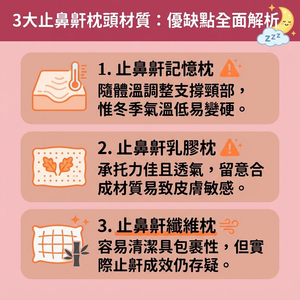 這是一張台灣健康部落格風格的 1:1 正方形扁平化資訊圖表，主要探討【解決鼻鼾方法】與常見的止鼻鼾枕頭材質。圖表分析了記憶枕、乳膠枕等能否幫助【保持呼吸道暢通】與【改善睡眠質素】。

然而，若【鼻鼾】嚴重或患有【睡眠窒息症】（特別是【阻塞性睡眠窒息症】），單靠枕頭難以【改善呼吸道阻塞】。當【脂肪】積聚、或因【喉嚨】與【軟顎】【肌肉】鬆弛，會導致【氣流】受阻，引發【睡眠呼吸中止】與【睡眠缺氧症狀】（缺乏【氧氣】）。長期下來不僅影響精神，更需及早【預防心血管疾病】並【減輕日間疲倦】以【降低停止呼吸頻率】。

因此，建議尋求專業【診所】的【醫生】進行【睡眠測試診斷】與【睡眠窒息症治療】。若不想依賴傳統【手術】或【呼吸機】，現在有先進的【無創止鼾療程】及【無痛止鼾技術】。透過【激光】儀器的特殊【探頭】發放溫和【能量】，能針對口腔【黏膜】深層【刺激膠原增生】（補充流失的【膠原蛋白】）。在了解【鼻鼾槍價錢】與【鼻鼾槍副作用】後，進行專屬的【療程】以達到極佳的【激光止鼾效果】。這能有效【收緊喉嚨肌肉】並【擴張上呼吸道】，讓您重拾健康睡眠。