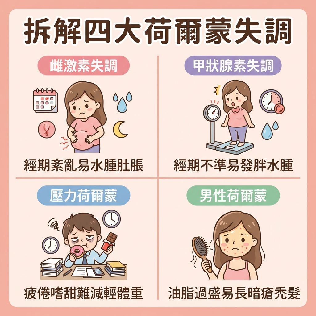 這是一張 1:1 正方形的扁平化 2D 向量健康資訊圖表插畫，採用日系及台系可愛卡通風格，背景為簡單柔和的純色。圖表以彈性網格排版劃分為四個整齊的方格，由淺色直線清晰分隔，字體採用字距寬闊且筆劃清晰的方圓體。圖表由專業醫生講解內分泌與荷爾蒙的四大分類，排版具醫美感，主標題下方無任何標籤。

第一格小標題為「雌激素失調」，畫有摸著肚子感到不適的女孩插畫。當卵巢的雌激素與黃體酮比例不均，會導致月經失調及月經不準，日常需注意補充營養及調理身體以維持健康。

第二格為「甲狀腺素失調」，插畫是站在體重磅上驚訝的可愛女孩。甲狀腺問題會降低新陳代謝，導致體重增加，需促進代謝及維持飲食均衡，避免飲食不均。

第三格是「壓力荷爾蒙」，畫有疲倦嗜睡的女孩。長期的壓力、睡眠不足與情緒波動會影響腎上腺素、褪黑激素與胰島素，引發內分泌失調。建議舒緩壓力、減少熬夜、保持規律作息與充足睡眠。

第四格為「男性荷爾蒙」，插畫為滿面煩惱的女孩。體內雄性激素****分泌過剩會導致水油失衡，刺激皮脂腺從而刺激油脂大量分泌，這會阻塞毛孔並引發暗瘡與荷爾蒙瘡。日常需注重改善暗瘡及預防復發，若情況嚴重應尋求專業醫生的專業診斷，以了解合適的療程並評估療程效果。整張圖表設計整潔，底部無特定品牌字眼。