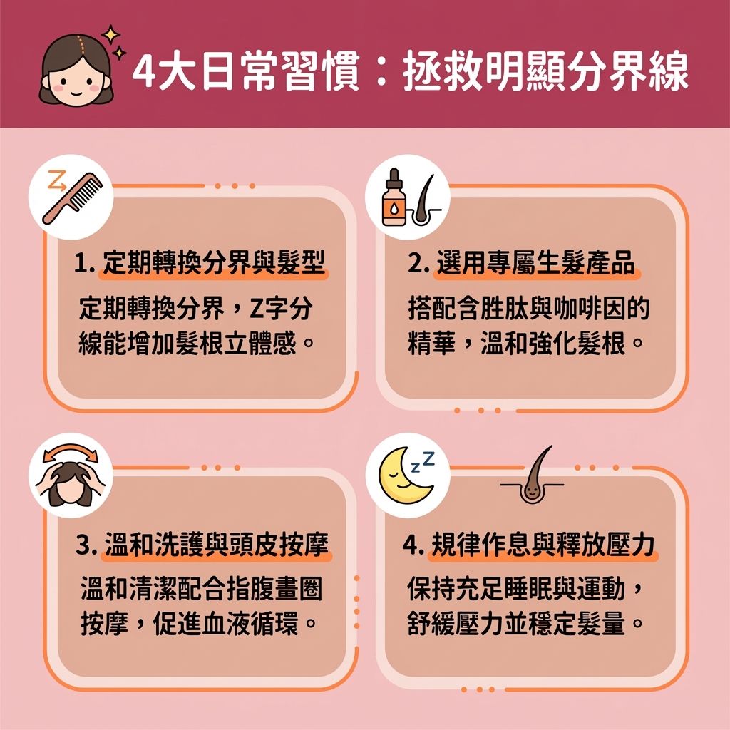 這是一張台灣健康部落格風格的 1:1 正方形資訊圖表，詳細解說如何改善頭髮分界線稀疏與預防分界線變闊。當我們面對荷爾蒙變化、生活壓力或強烈紫外線時，頭皮的皮脂分泌失衡，容易導致脫髮與頭髮變薄。這對尋求產後脫髮改善、女性脫髮治療與對抗雄性禿的人來說是一大困擾。

圖表建議定期轉換頭髮分界，這是極佳的髮型修飾技巧與隱藏明顯分線的方法。搭配一把好梳子，不僅能掩飾頭髮稀疏，還能增加髮根蓬鬆度並拯救扁塌髮型，有效改善頭髮扁塌與預防髮線後移。在洗護方面，補充富含角蛋白的營養（補充頭髮營養）能修護髮絲與髮質。保護好髮際線，並做好日常的頭皮防曬護理。

透過梳頭按摩頭皮，能改善頭皮血液循環（促進血液循環），幫助舒緩頭皮壓力。這有助於刺激毛囊生長，活化毛囊，從而強化髮根健康。結合正確的髮型與保養，能保護髮根，有效減少掉髮數量，恢復豐盈的髮量與健康的分界線。